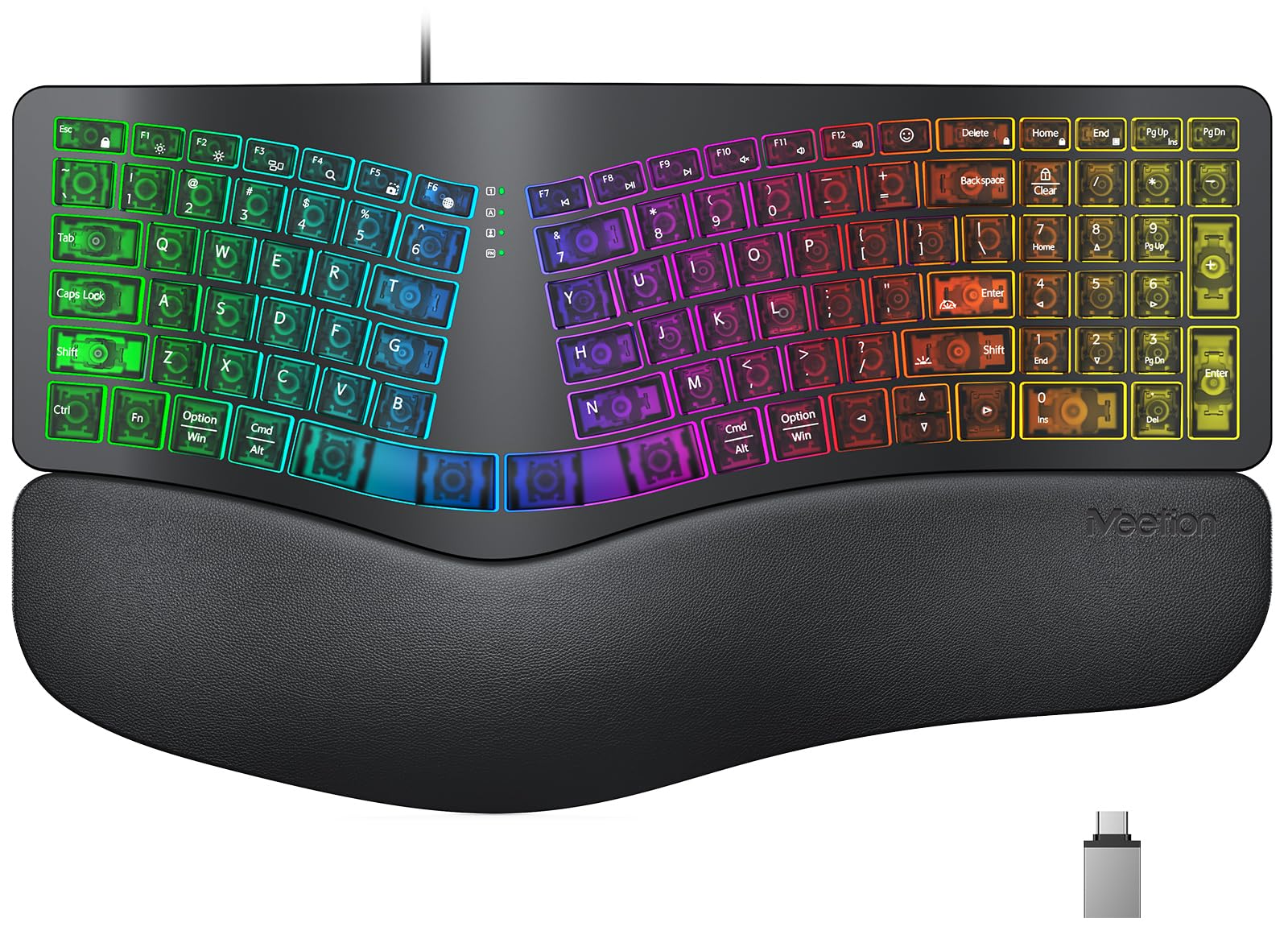 Photo 1 of MEETION Wired Ergonomic Keyboard, 7 Colors Transparent Backlit, 4 Brightness, 1 RGB Breathing Backlit, Comfortable Wrist Rest Cushion, USB-A/USB-C Adapter Ergo Keyboard for Windows Mac Computer Laptop