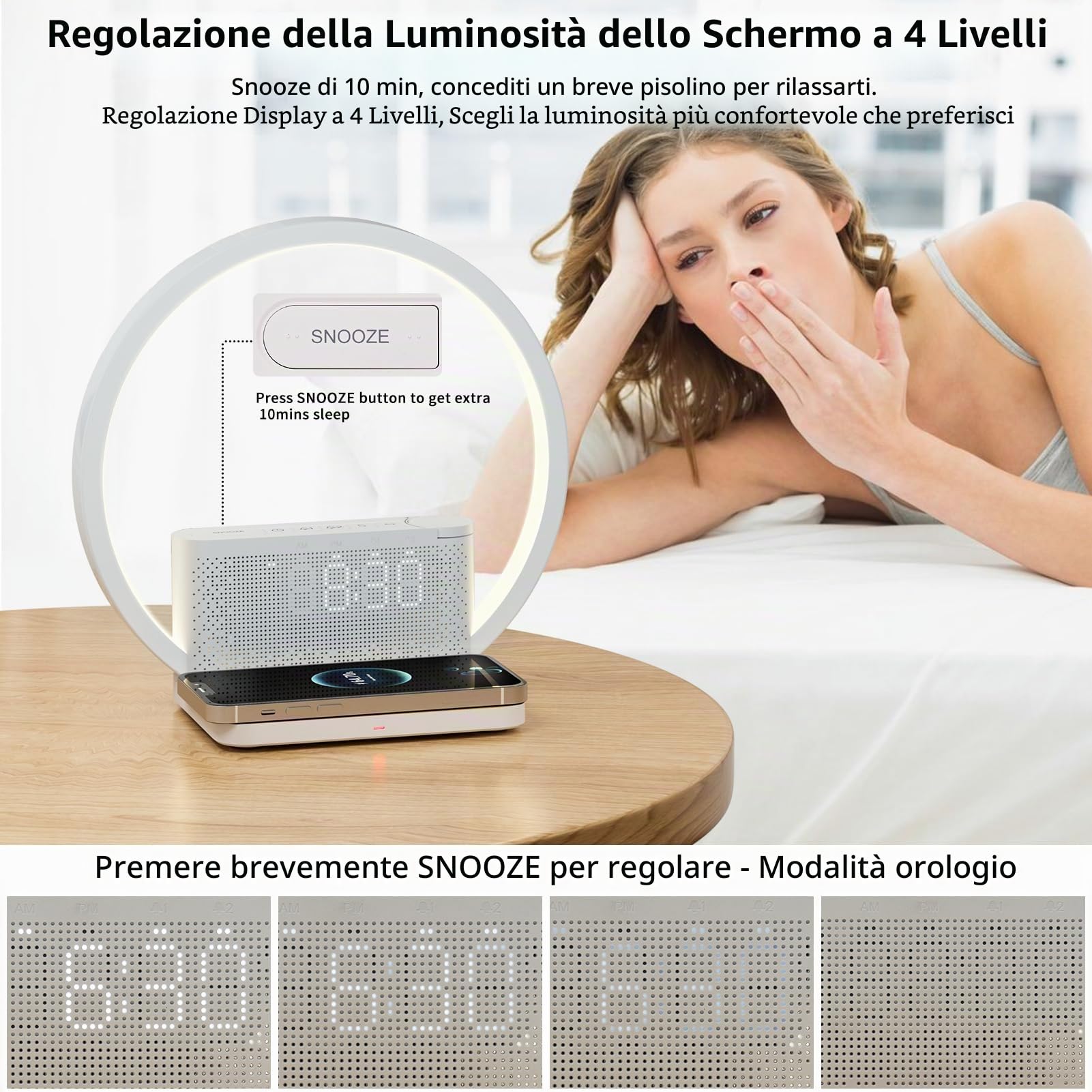 RETEYUNG Lampada da comodino con funzione di ricarica,caricatore wireless da 10W,Sveglia Con Luce,Wake Up Light,10 Suoni Natura,Touch Dimmerabile,3 livelli di luminosità,Adatto per camera da letto.