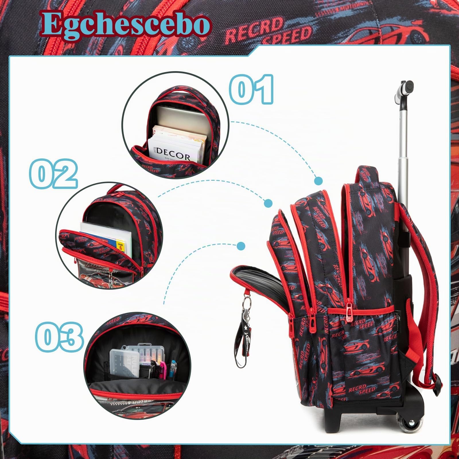 Mochilas Escolares con Coches Ruedas Carro Niño 17" 3PCS Mochila Carrito para Trolley Escolar Bolso de Viaje Estuche Stitch Chicos Maleta Colegio Grande Medianas Infantil Niños Rojo