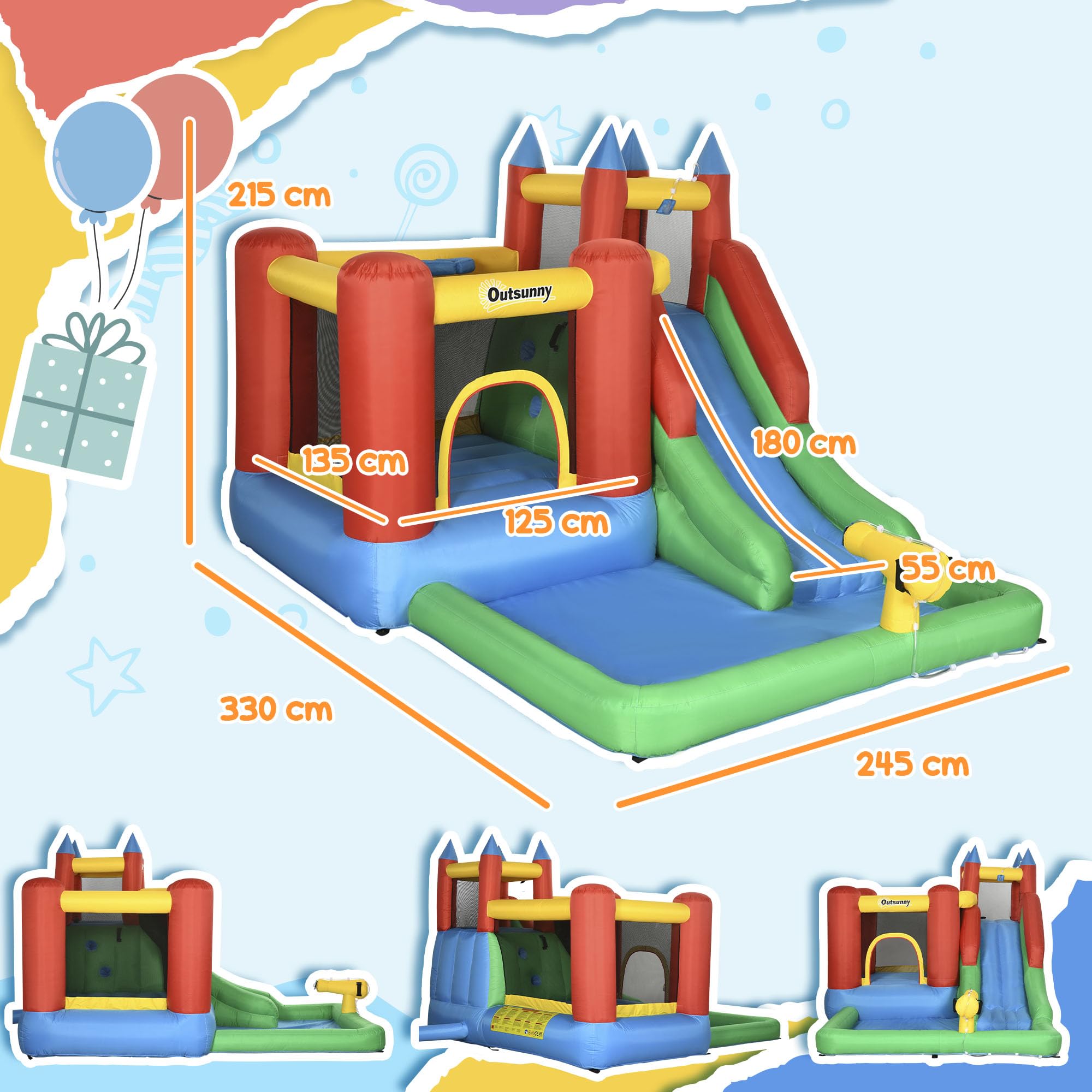 Outsunny Castillo Hinchable para Niños +3 Años 6 en 1 Castillo Inflable con Inflador Parque Acuático con Tobogán Zona de Salto Piscina y Bolsa de Transporte 330x245x215 cm Multicolor