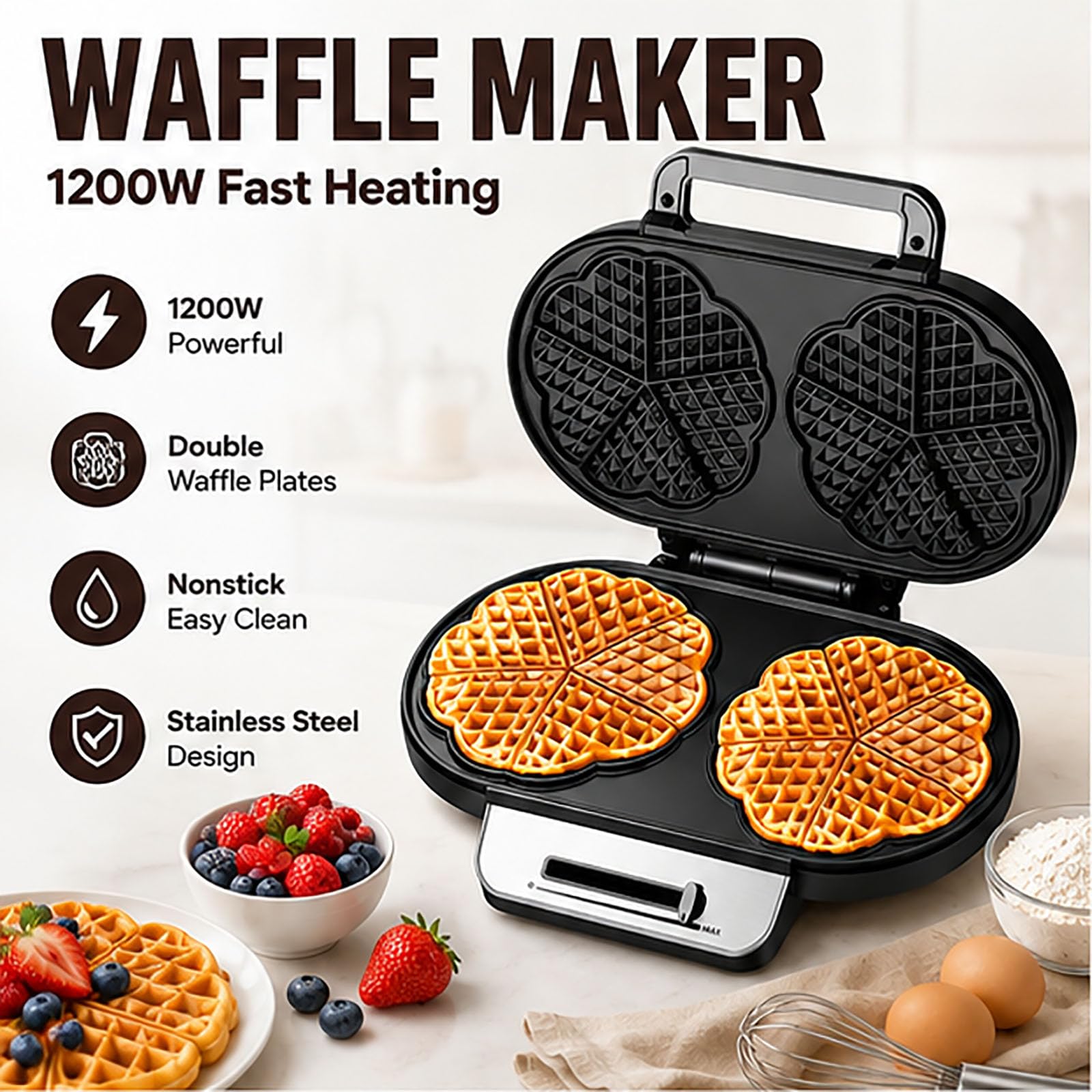 Macchina per waffle doppia a forma di cuore, riscaldamento rapido da 1200 W | Ferro antiaderente, temperatura regolabile, colazione in 3 minuti, riscaldamento uniforme, pulizia facile