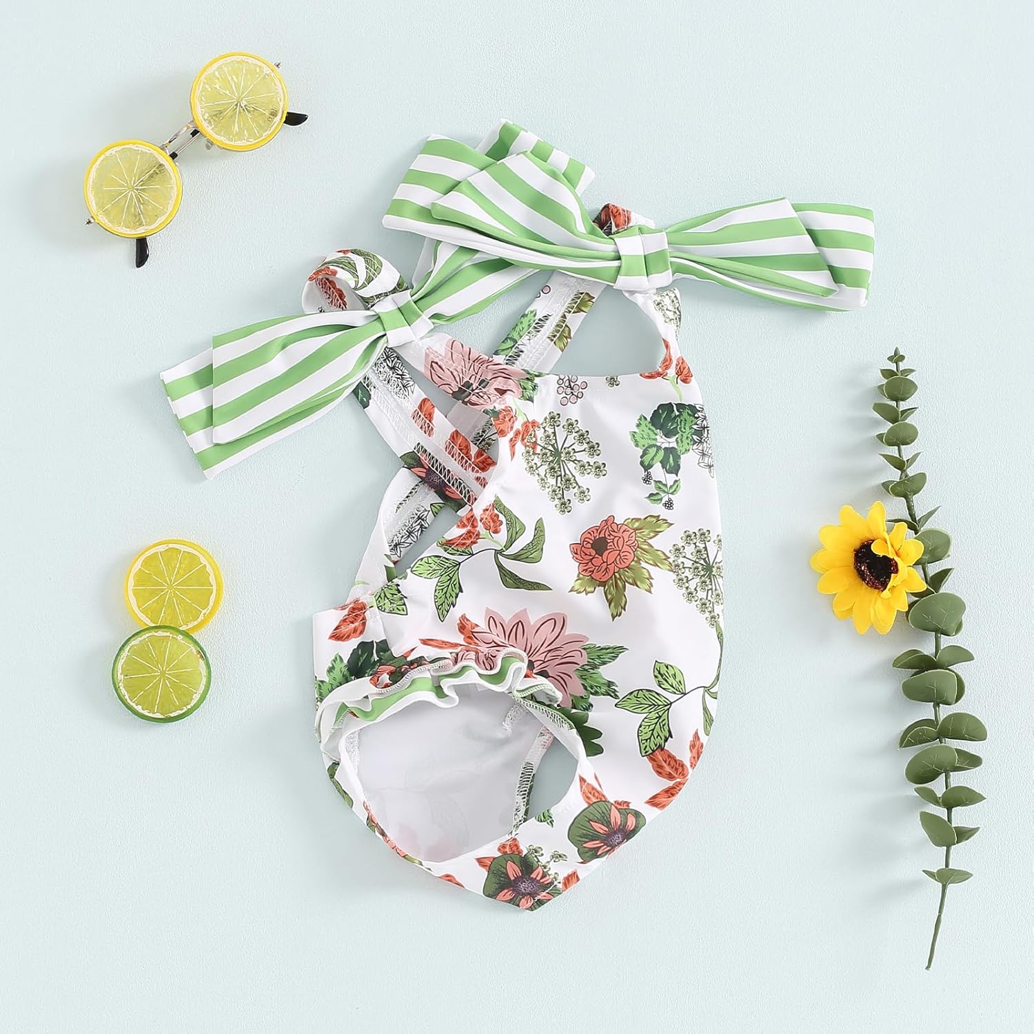 Toddler Kids Girls Bathing Suit Floral Print Bowknot Swimwear Sleeveless Ruffles One Piece Girls Swimsuit