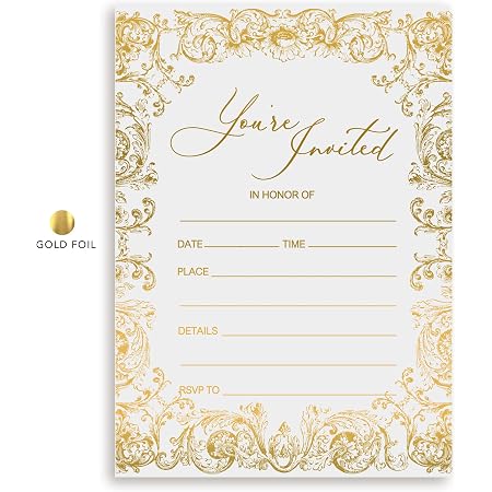 Amazon.com: Invitaciones de boda rellenables, tinta dorada metálica,  paquete de 25 invitaciones de boda. Invitaciones de fiesta cumpleaños,  celebración de aniversario, novia o fiesta de bienvenida de bebé, invitaciones  de prensa de