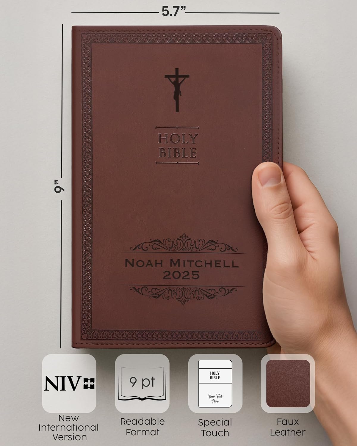 Personalized Gift Bible with Name Engraved, NIV Value Thinline, Comfort Print, New International Version, Custom Text & Design, Brown