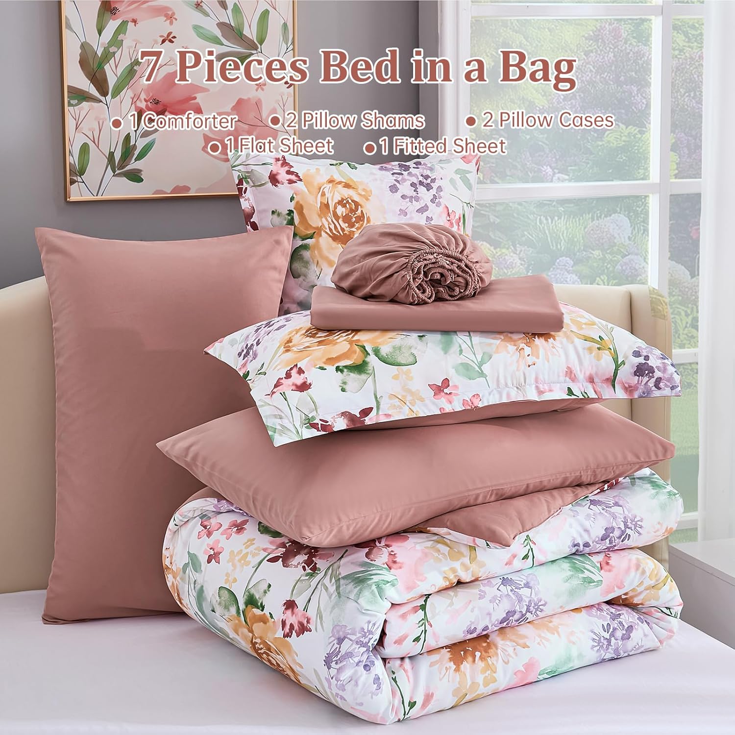 Luxudecor Floral Comforter Set Queen Size 7 Pieces Bed in a Bag, Dusty Rose Pink Flower Watercolor Bed Set, Soft Comforter with Sheet Set 90"x90" - Image 7