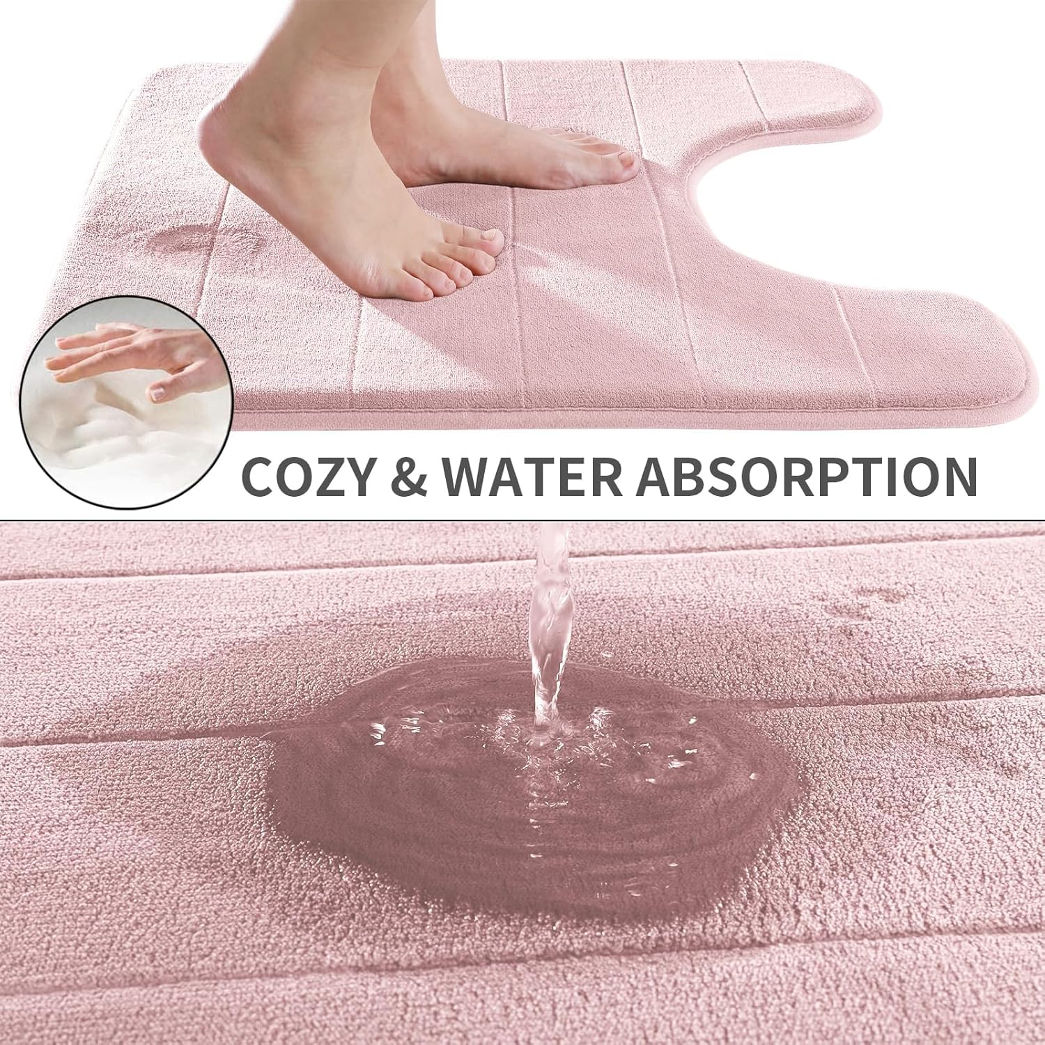 Yimobra Memory Foam Toilet Bath Mat U-Shaped, Soft and Comfortable, Super Water Absorption, Non-Slip, Thick, Machine Wash and Easier to Dry for Bathroom Commode Contour Rug, 24 X 24 Inches, Pink - Image 3