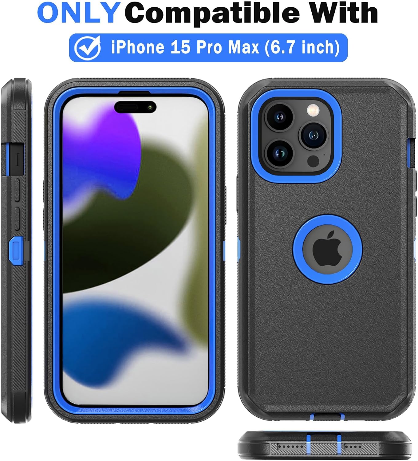 Phone Case for iPhone 15 Pro Max Case,Heavy Duty Hard Shockproof Armor Protector Case Cover with Belt Clip Holster for Apple iPhone 15 Pro Max 6.7 5G 2023 Phone Case (Black+Blue)