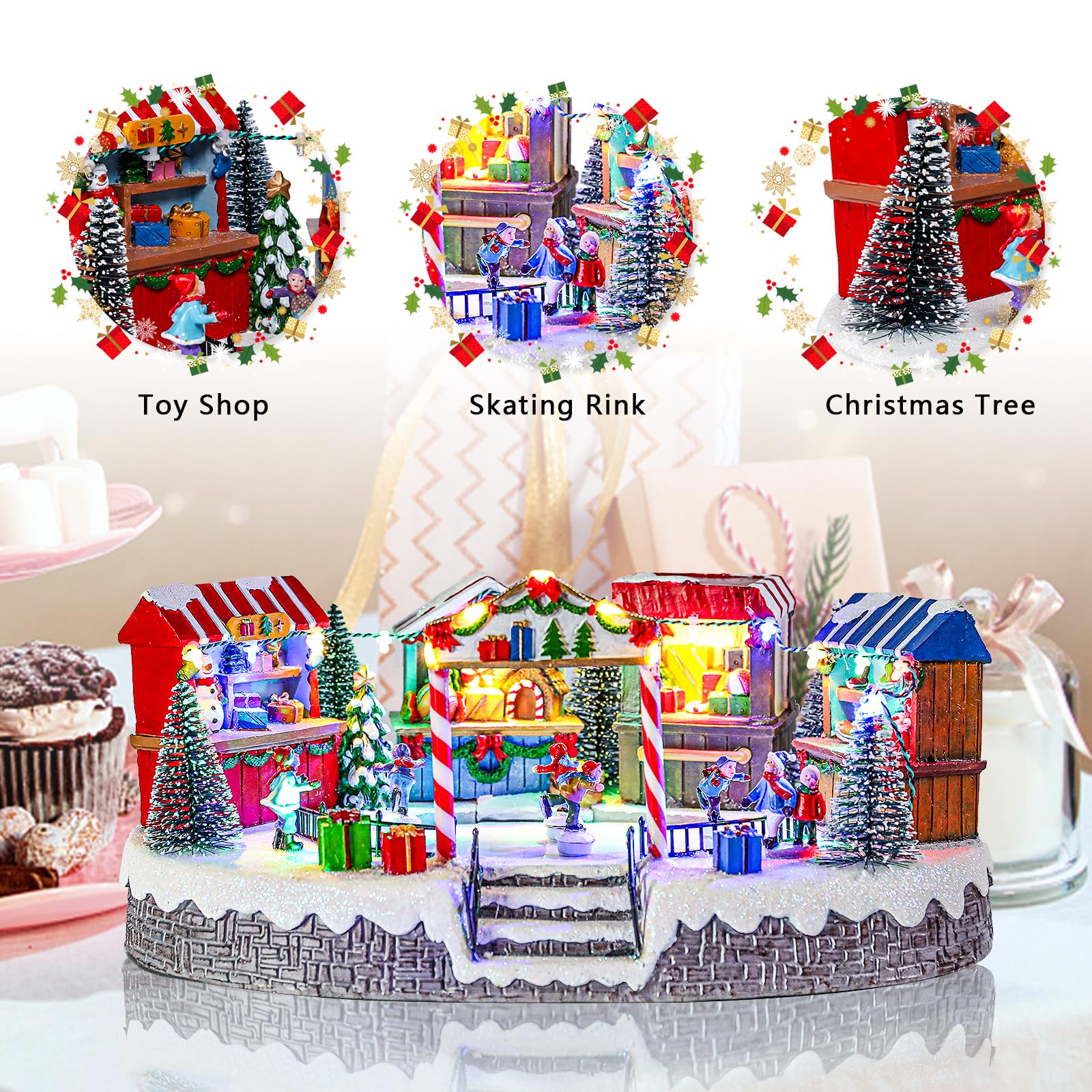 MUMTOP Patinoire de village de Noël avec patineurs mobiles, patinage sur glace animé lumineux et magasin de jouets avec musique pour décoration de table de Noël en intérieur