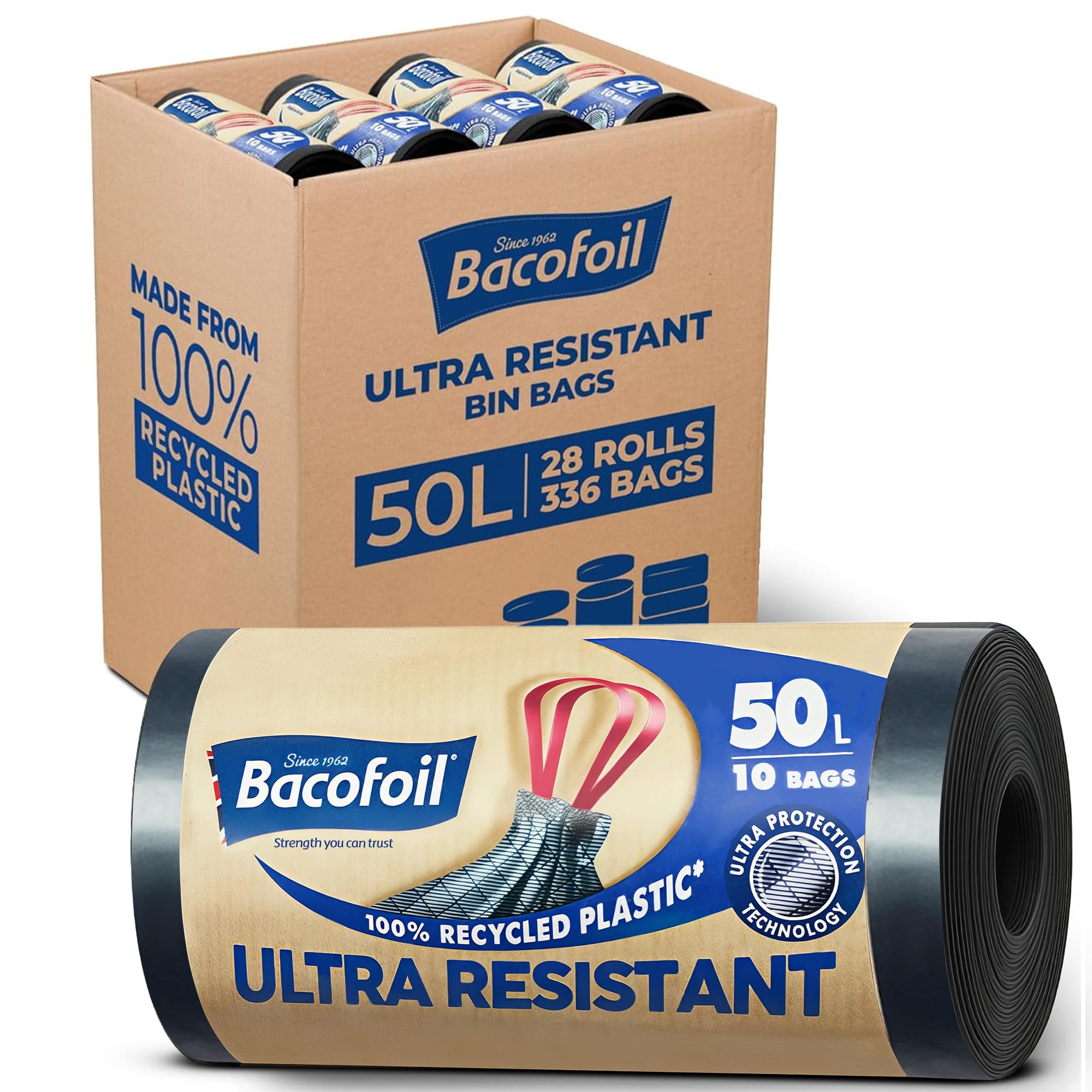 Bacofoil Ultra Resistant Bin Liners with Drawstring Handles 50L - Leak-Proof and Tear Resistant Bin Bag with Ultra Protection Technology (28 Rolls, 280 Bags)