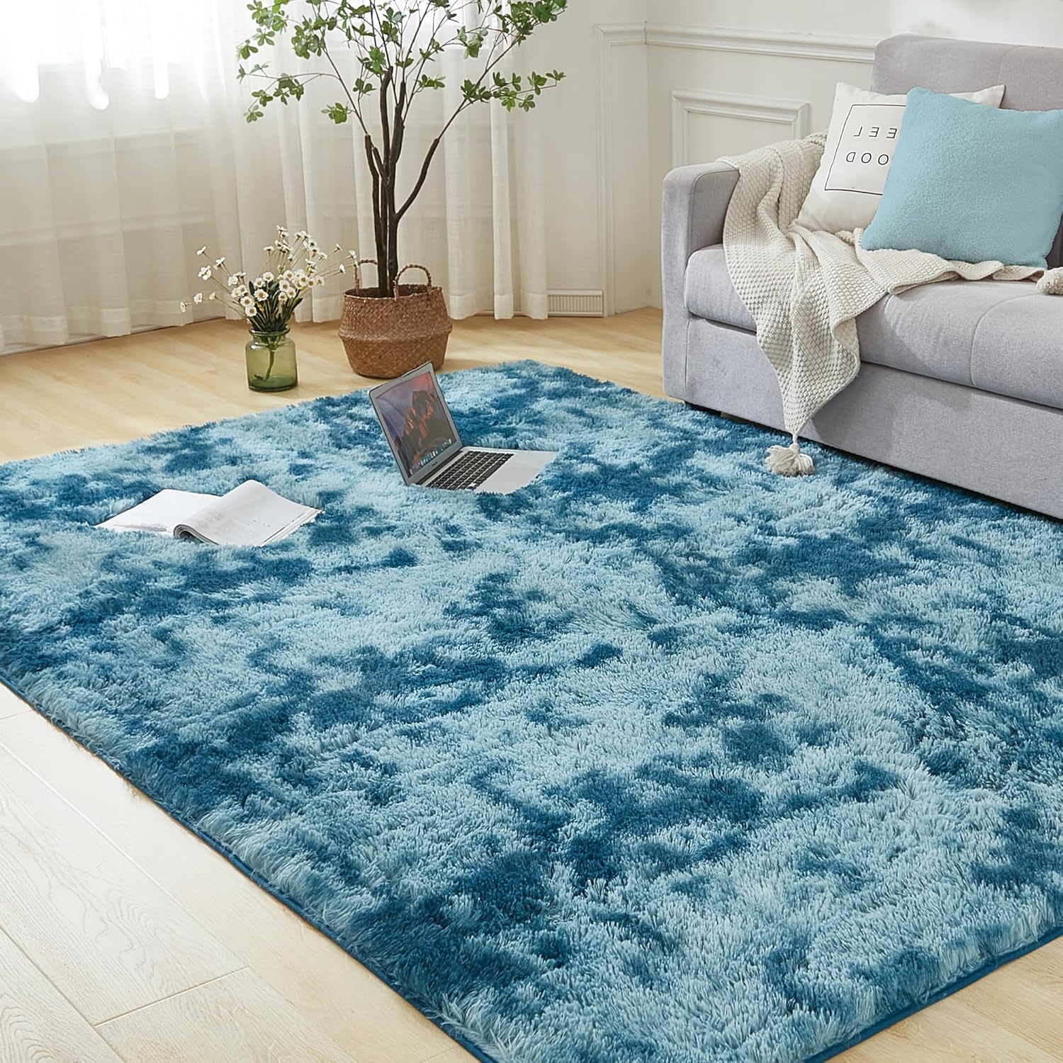 INSPIRE HOMEWARE Fluffy Shaggy Rugs Living Room Large Bedroom Rug Non Slip Carpet Thick Soft Pile Bedside Area Rug for Hallway Kids Nursery Room Non-Shedding Tie Dye Teal 140 x 200 cm