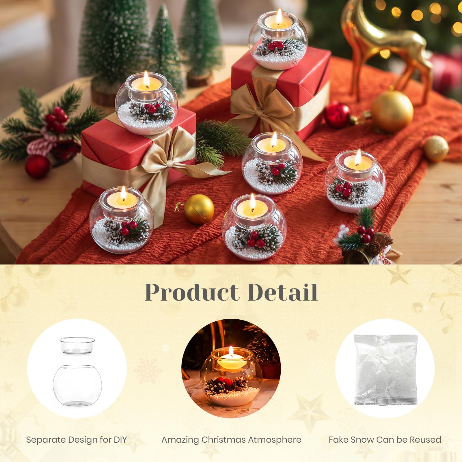 Hewory Lot de 6 photophores de Noël en verre avec baies rouges et pommes de pin, décorations de table de Noël pour dîner, fête, cheminée