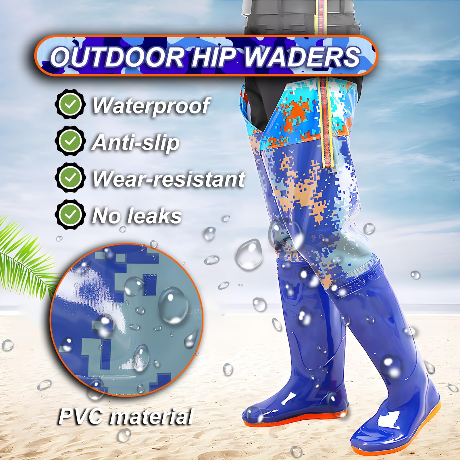 Hip Waders Wodery Wędkarskie Blue Camo, Odporne Na Olej, Z Mocniejszym Uchwytem, ​​do Brodzenia I Wydobywania Piasku