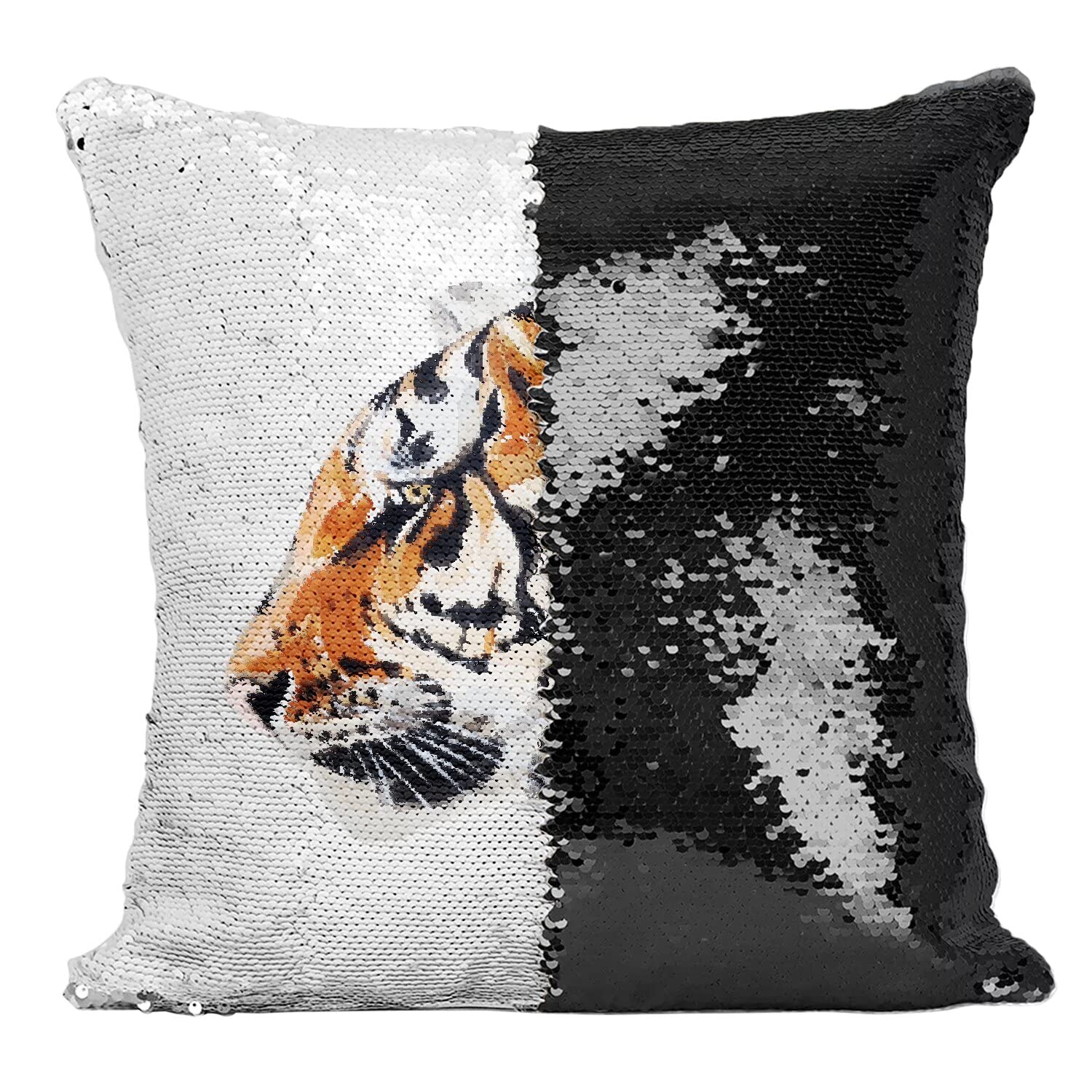 Coussin paillettes noir peinture tigre déco salon illustration