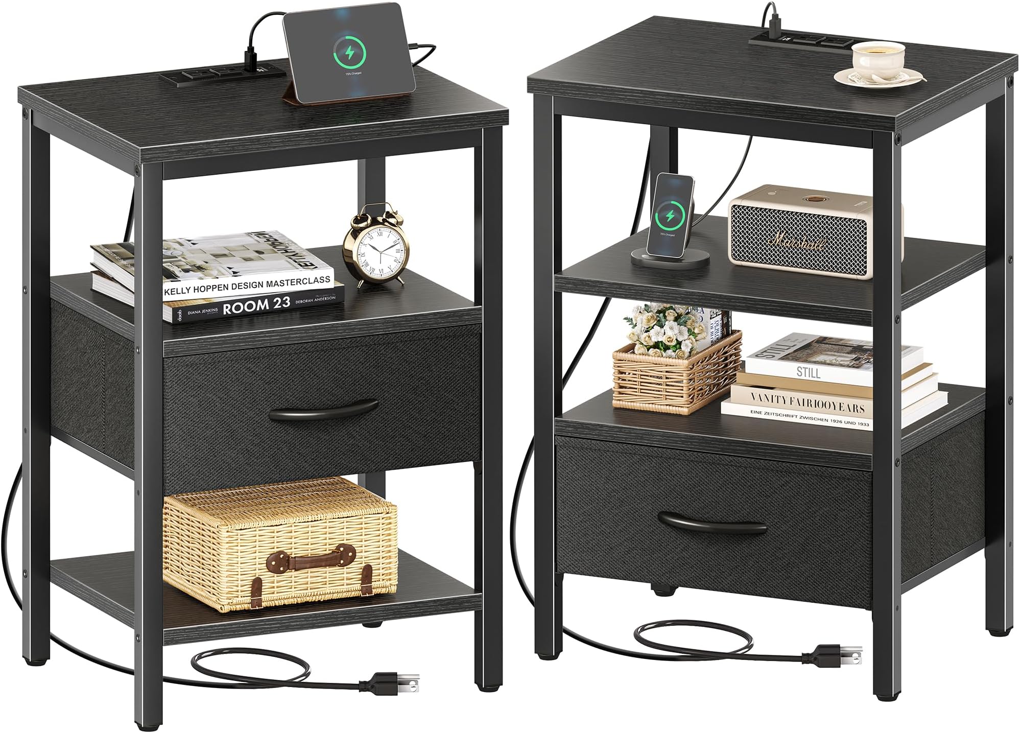 Nightstand Set of 2, Bed Side Tables with Charging Station, Adjustable Fabric Drawer, Night Stand for Bedroom, 3-Tier Storage End Tables, Black