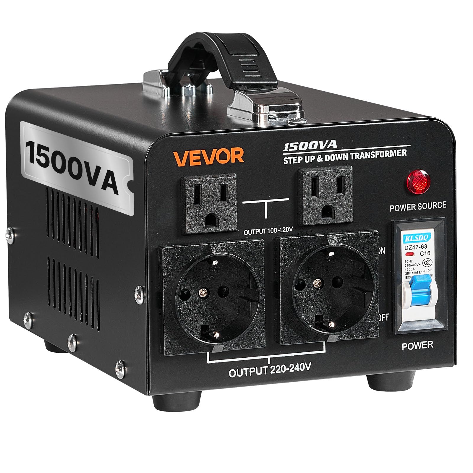 VEVOR Convertidor de Voltaje, 1500 VA, Transformador Elevador/​Reductor, Convierte de 110 V a 220 V y de 220 V a 110 V, con Tomas de Corriente de EE. UU. y UE, Cable de Alimentación y Disyuntor