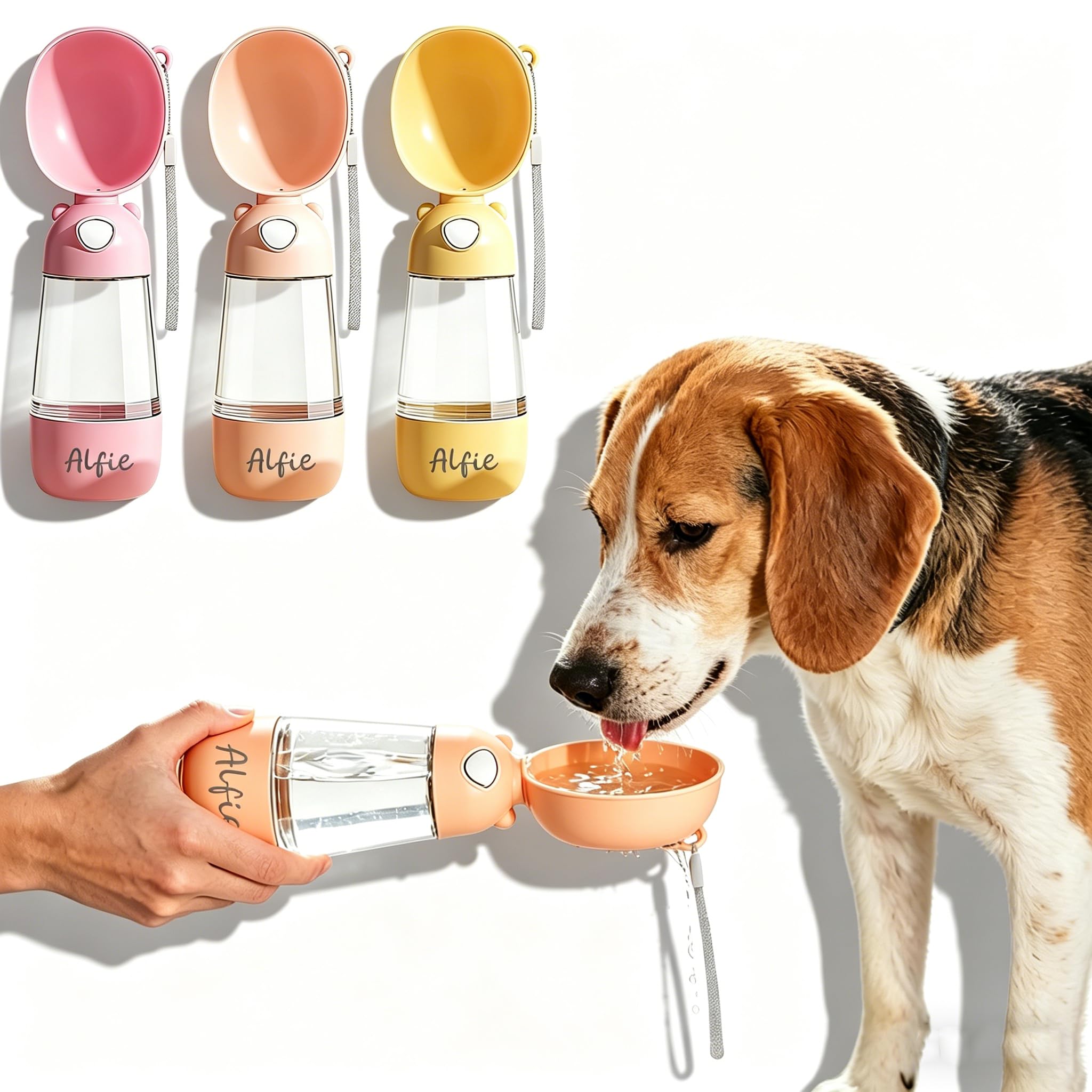 Personalised Dog Water Bottle with Name – Portable Leak Proof Pet Waterer for Walking, Hiking, Camping – Outdoor Drinking Bottle for Dogs, Cats, Puppies – Travel Essentials for Dog Owners (Beige)