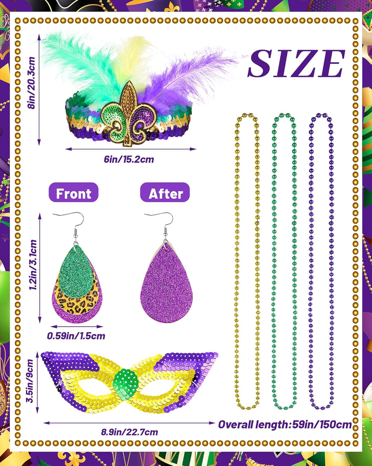 8 Pcs Mardi Gras Outfit for Women Mardi Gras Shawl Scarf Sequin Headband Eye Patch Earrings Necklace Apparel Costume Accessories Masquerade Carnival Party - Image 3