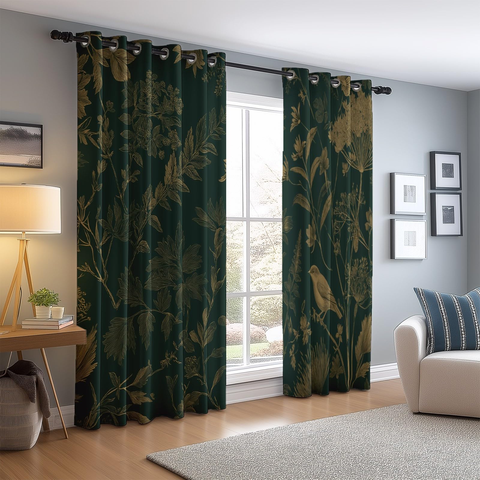 Grün Verdunkelungsvorhänge H243 x B53 cm 2 Paneele, Natur Vintage Blumen Blätter Bedruckte Vorhänge - Dreilagige Mikrofaser-Beschattung und Wärmeisolierung Geeignet für Schlafzimmer und Wohnzimmer