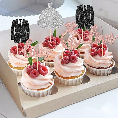 Miniatura 73 de 30 PCS He Asked She Said Yes Cupcake Toppers Love I Do Diamond Ring Cupcake Picks for Wedding Enaggement Bridal Shower Party Cake Decorations Black