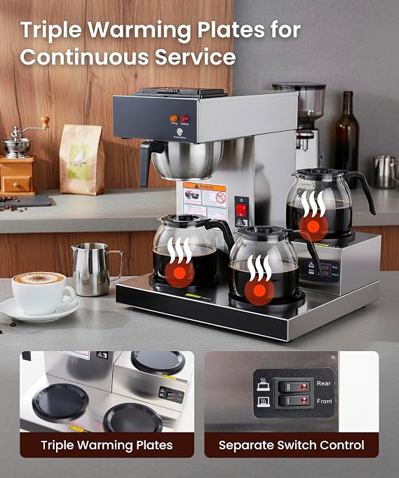 SYBO Commercial Coffee Maker 12 Cup, Pour Over Drip Coffee Maker Brewer with 3 Lower Warmers, Stainless Steel Cafetera