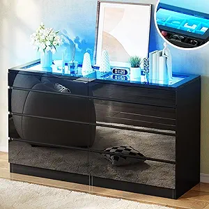 DWVO 8 Drawer Dresser, Black Dresser, Modern 8 Chest of Drawers with Deep Drawers Glass Top High Gloss Surface, Storage Organizer Cabinet for Living Room