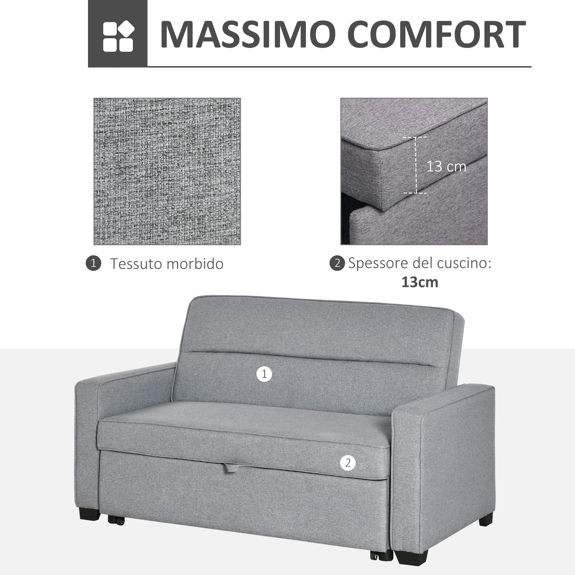 HOMCOM Divano Letto a 1 Piazza con Rivestimento in Tessuto, Divano 2 Posti con Schienale Reclinabile su 3 Livelli, Grigio