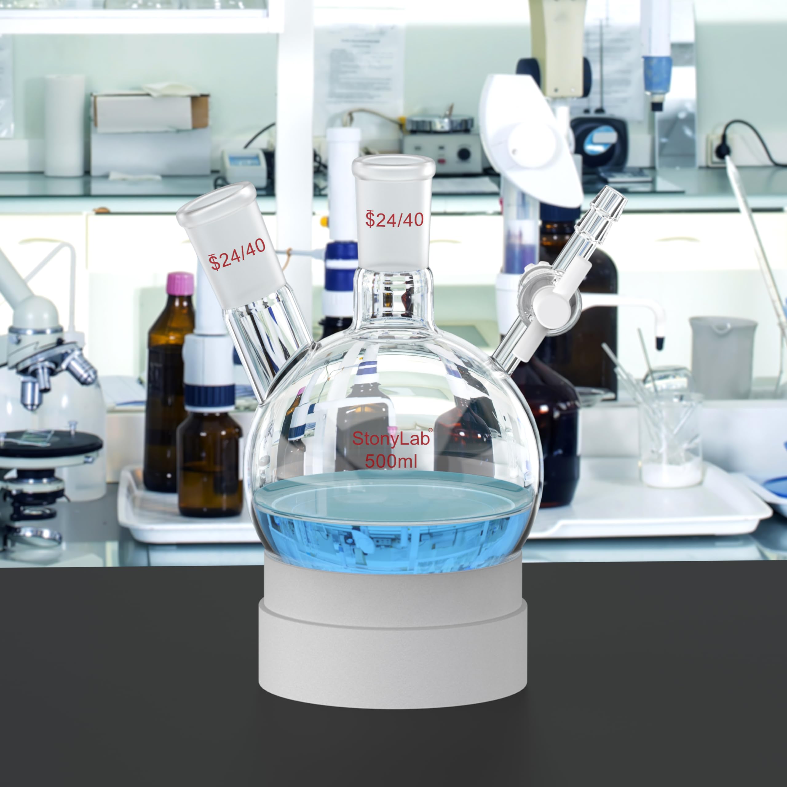 stonylab Fiole de Réaction à 2 Cols, Récipient à Fond Rond avec Robinet à Boisseau PTFE et Joints 24/40, pour Réactions de Laboratoire (500 mL Capacité)