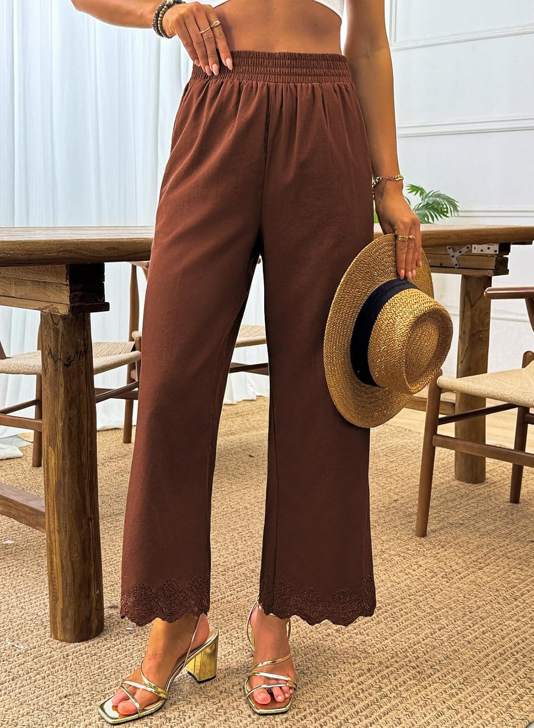 Dokotoo Casual Pants for Women High Waisted Elastic Wide Leg Pants Eyelet Lace Hem Trousers with Pockets - Image 3