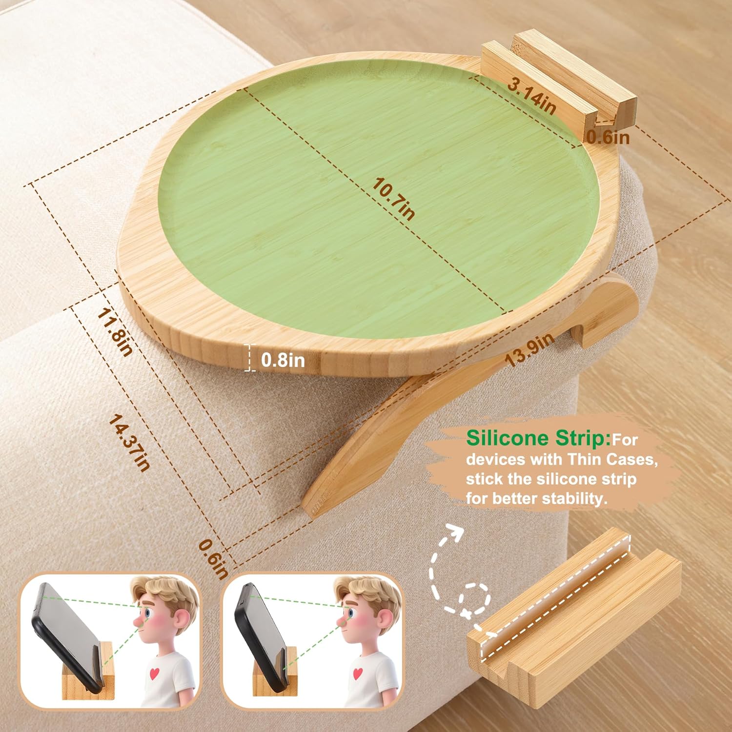 SINWANT Couch Arm Table,Large Bamboo Sofa Clip on Tray Tables with 360° Phone Holder,Foldable Couch Armrest Table, Folding Snack Eating Drink on Armrest - Image 6