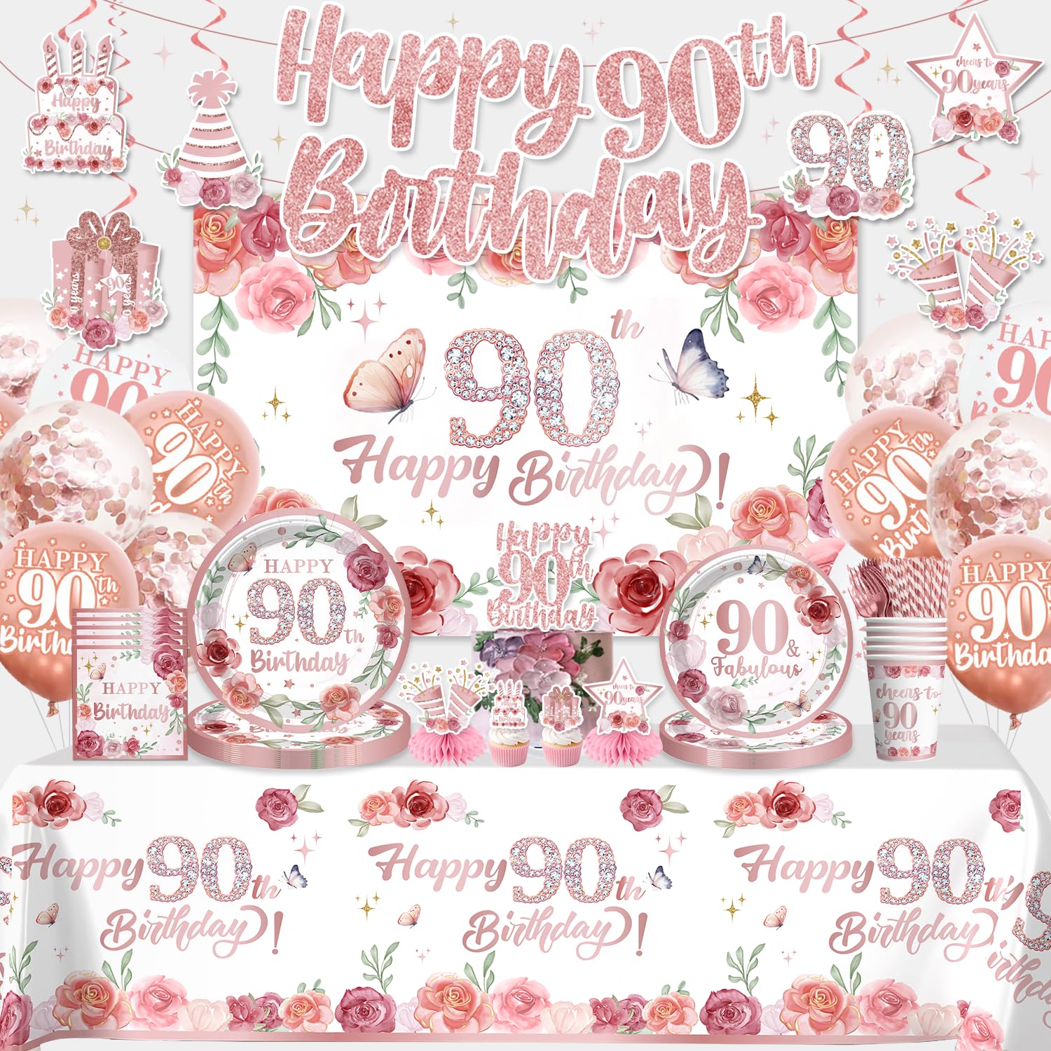Juego de vajilla de 175 piezas de decoración de 90 cumpleaños para mujeres, decoraciones de 90 cumpleaños con juego de platos y servilletas de 90 cumpleaños, pancarta de oro rosa 90 para colgar,