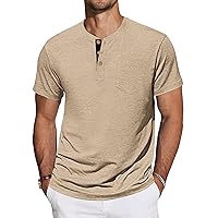 TARAINYA Henley T-Shirt Uomo Cotone Maglietta Maniche Corte Tinta Unita con Tasche Estate Cachi L