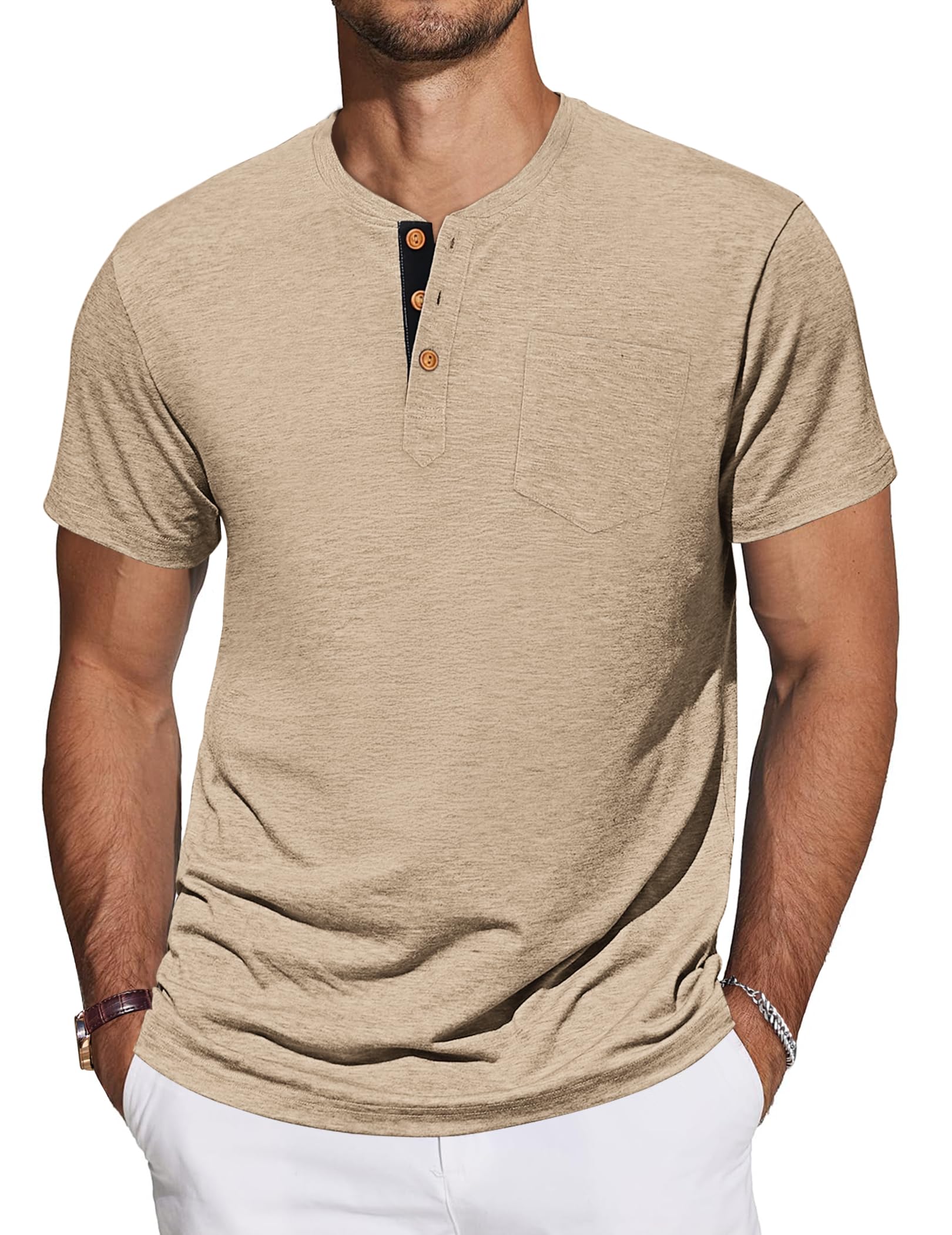 TARAINYA Henley T-Shirts Herren Baumwolle Shirt Kurzarm Einfarbig Basic Tee Männer Sommer mit Tasche M-4XL