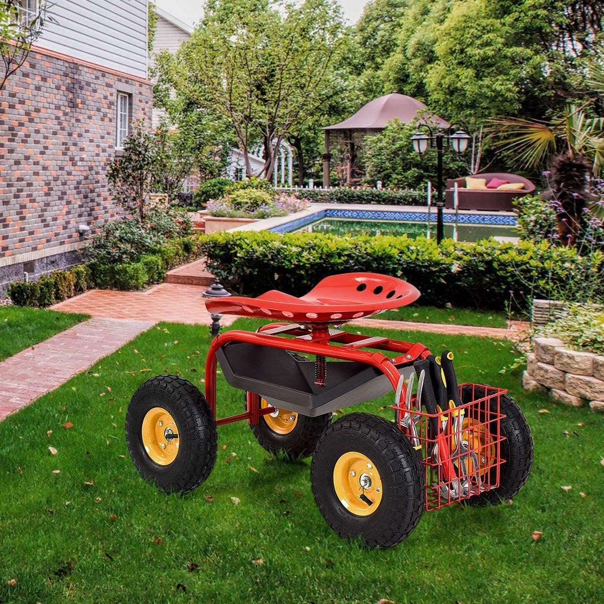 S AFSTAR Rolling Garden Seat, Outdoor Lawn Yard Patio Work Seat with Heavy Duty Wheels, Swivel Seat, Tool Tray & Basket, Garden Cart Wagon Scooter (Red)