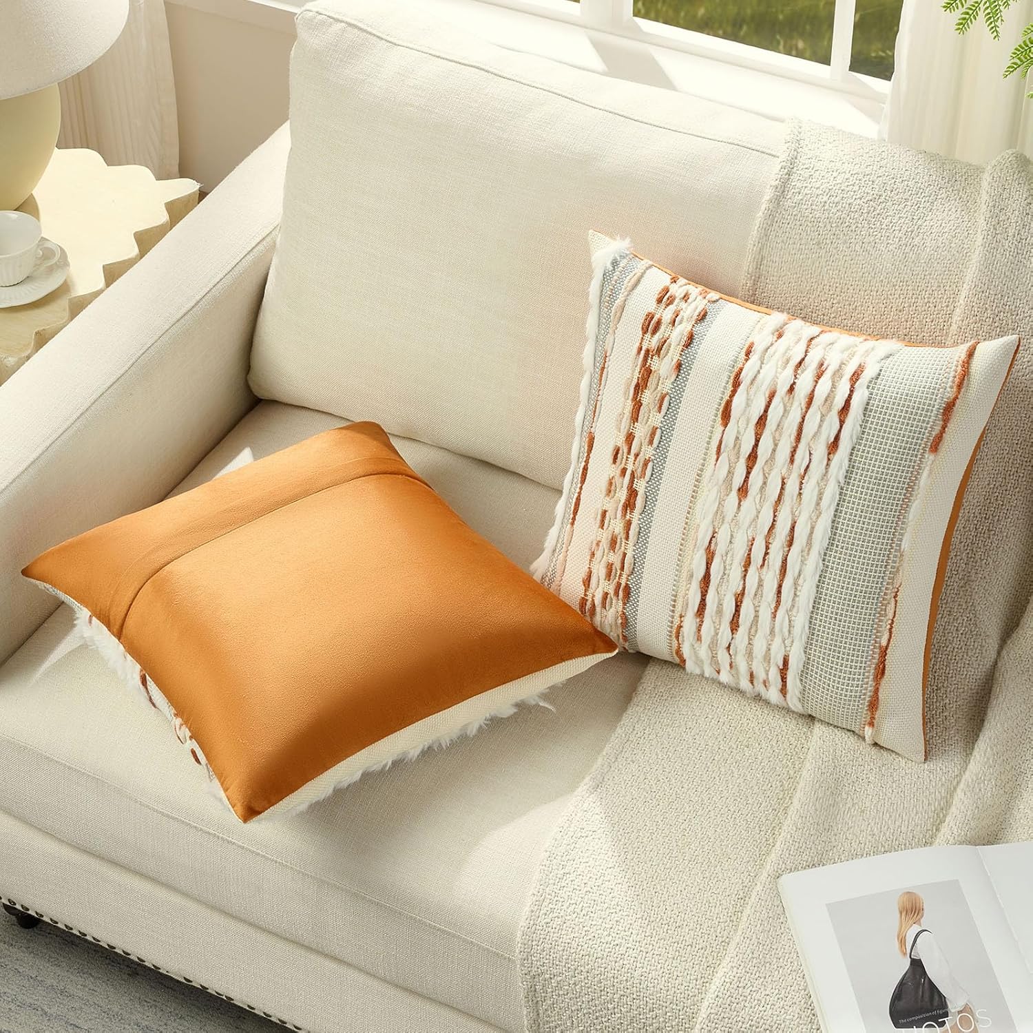 FUTEI Rust Beige Accent Throw Pillow Covers Set of 2, 18x18 Inch Plush Tufted Striped Textured Decorative Cushion Cases for Farmhouse Boho Couch Decor