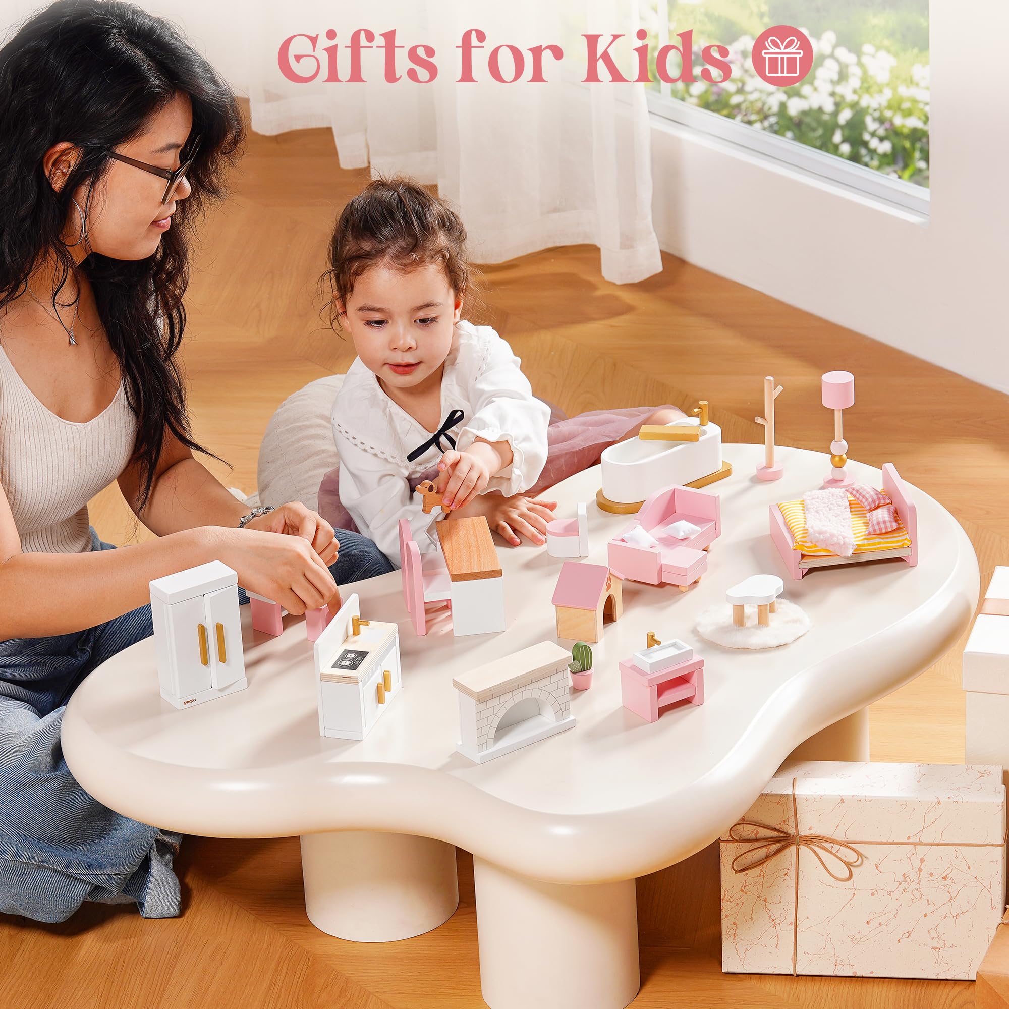 ROBUD Juego de Muebles de Madera para casa de muñecas, 28 Piezas, Accesorios para casa de muñecas, Dormitorio, Cocina, salón, baño, Comedor, Regalo Rosa para niños