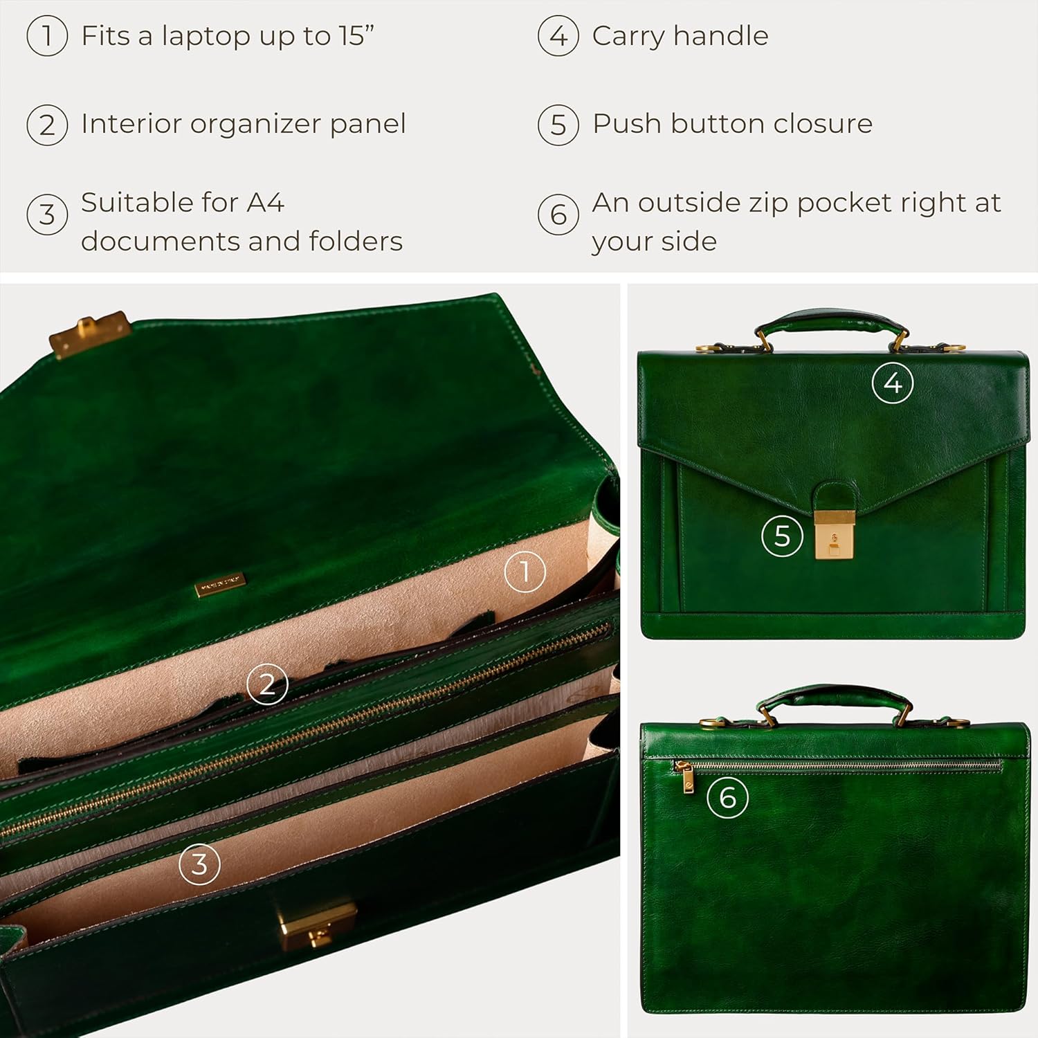 Time Resistance Leather Briefcase for Men - Business Laptop Bag - Italian Handmade Leather Bag - Attache - Gift Box Included - Image 6