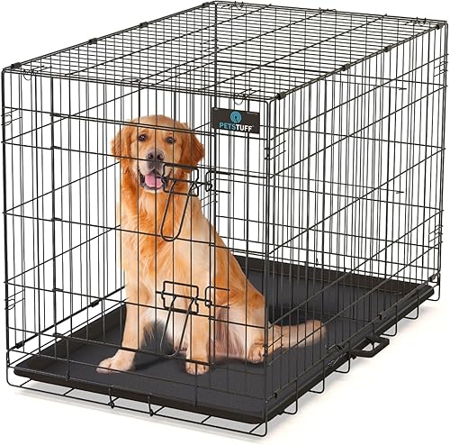 PetsTuff Great CRATES - Jaula grande para perros de 42 pulgadas, perrera resistente con panel divisor para mascotas de 65 a 85 libras, bandeja