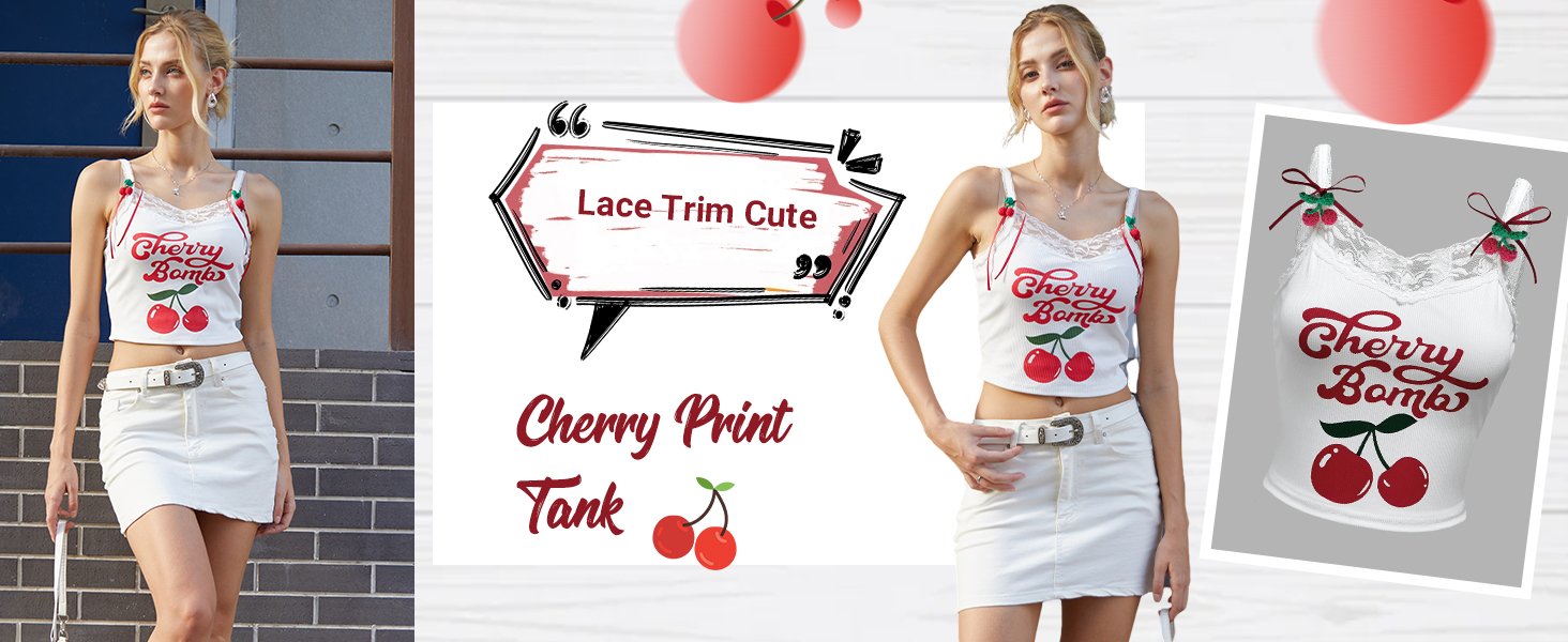 SHENHE Women's Lace Trim Cute Cherry Print Spaghetti Strap Kawaii