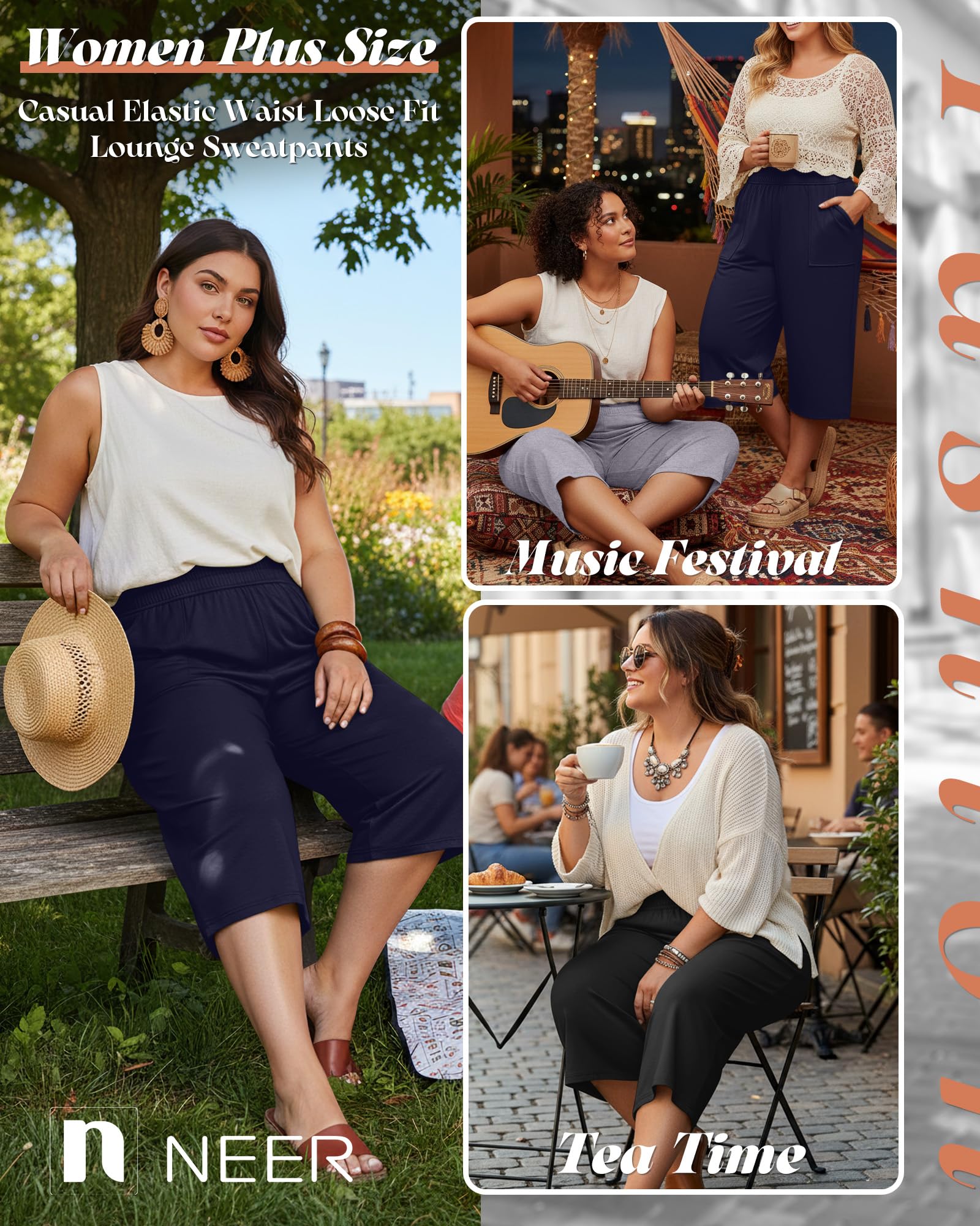 Neer Pack de 3 Pantalones Capri de algodón para Mujer, de Pierna Ancha, Tallas Grandes, Informales, con Cintura elástica, Ajuste Holgado, Pantalones Deportivos con Bolsillo