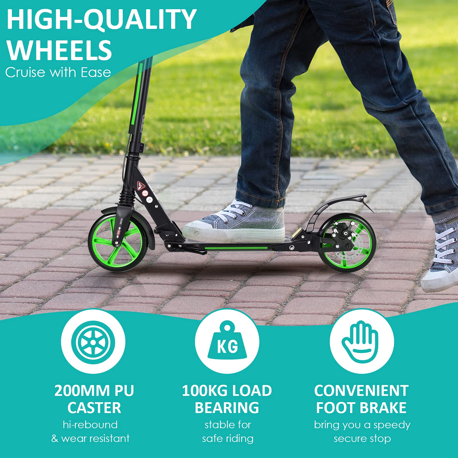 COSTWAY Kickscooter z dzwonkiem i podstawką, hulajnoga z regulacją wysokości, kick scooter składany, hulajnoga miejska obciążalna do 100kg, hulajnoga z pasem nośnym, dla dzieci i dorosłych
