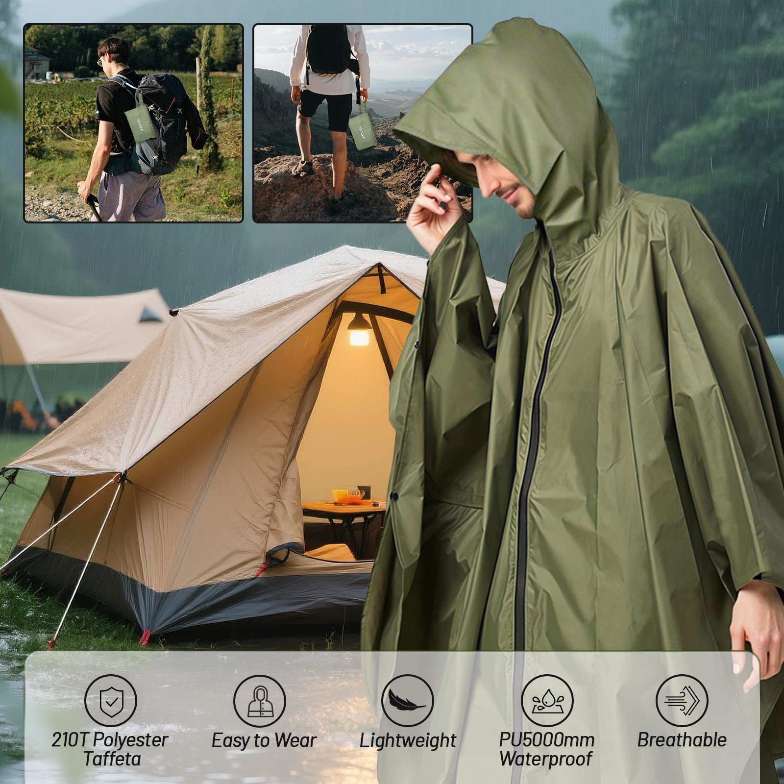 Regenponcho Wasserdicht Wandern Mit ReißVerschluss Leichter 3-In-1 Mehrzweck Regencape Mit Rucksack Atmungsaktiv Poncho Herren Damen Faltbare Regenmantel Hiking