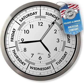 Time & Day of The Week Wall Clock with 12 Modern Aluminum Frame Ideal Retirement Gift for Men and Women, Day Clock for Seniors and Retirees