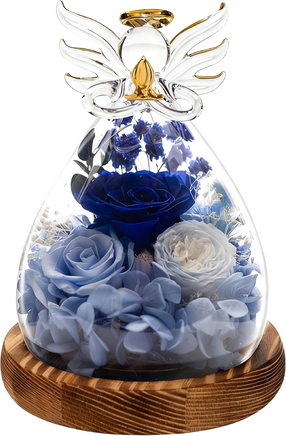 Preserved Rose Angel Figurines with LED Light - Forever Flowers Birthday Gifts for Women mom Grandma Wife - Real Preserved Roses in Glass Dome Gift for Birthday Mothers Day Valentines Day Anniversary