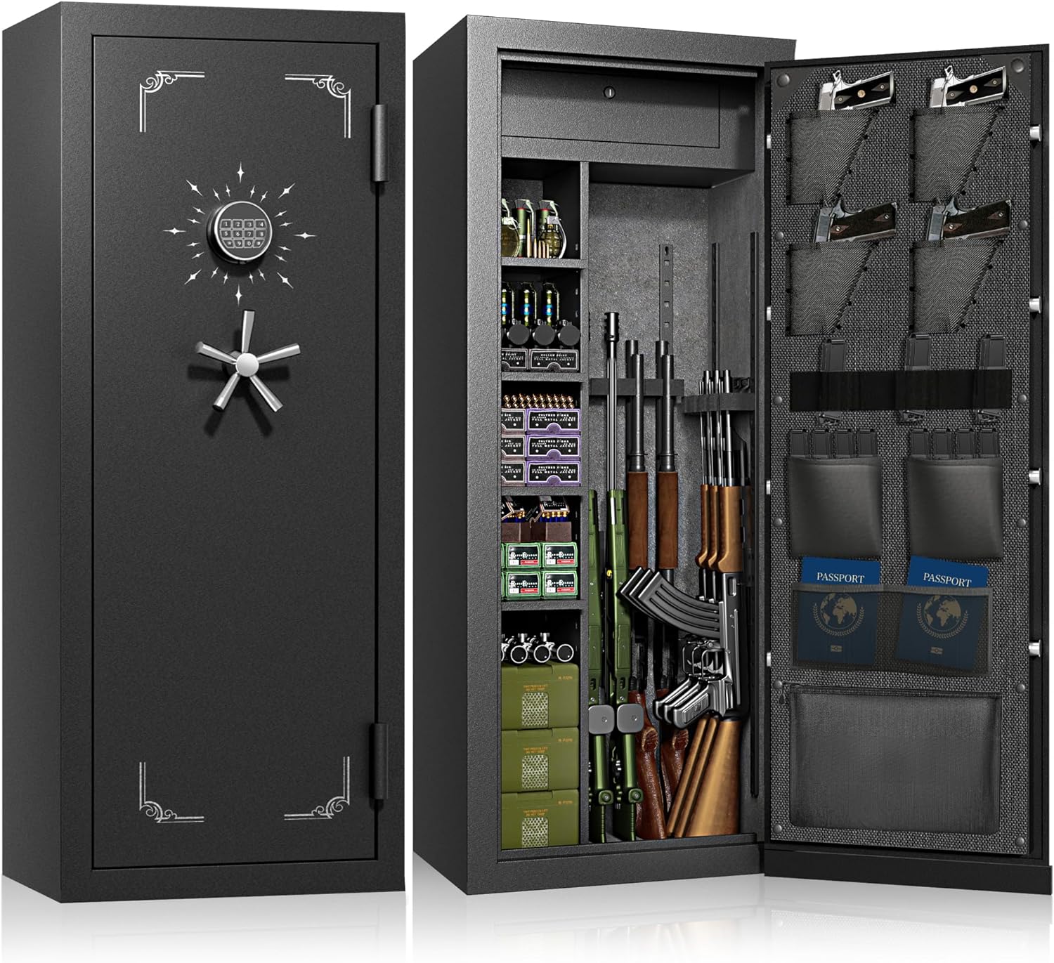 Fireproof Gun Safe for Rifles and Pistols, Waterproof Shotgun Long Rifle Safe for Home with Adjustable Gun Rack & Removable Shelf, Large 8 Gun Cabinet for Firearm & Ammo Storage, Fully Assembled