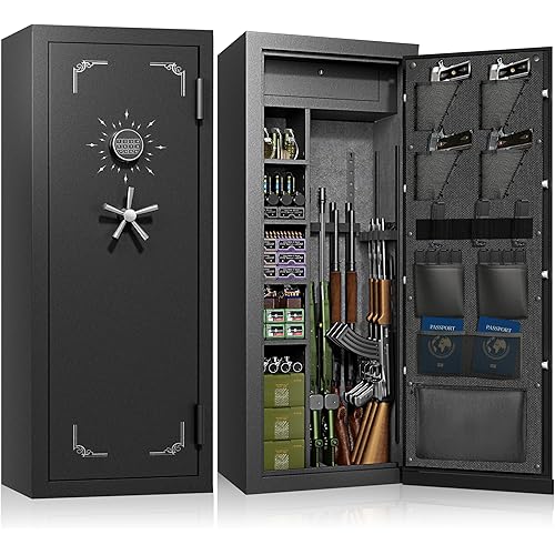 Fireproof Gun Safe for Rifles and Pistols, Waterproof Shotgun Long Rifle Safe for Home with Adjustable Gun Rack & Removable Shelf, Large 8 Gun Cabinet for Firearm & Ammo Storage, Fully Assembled
