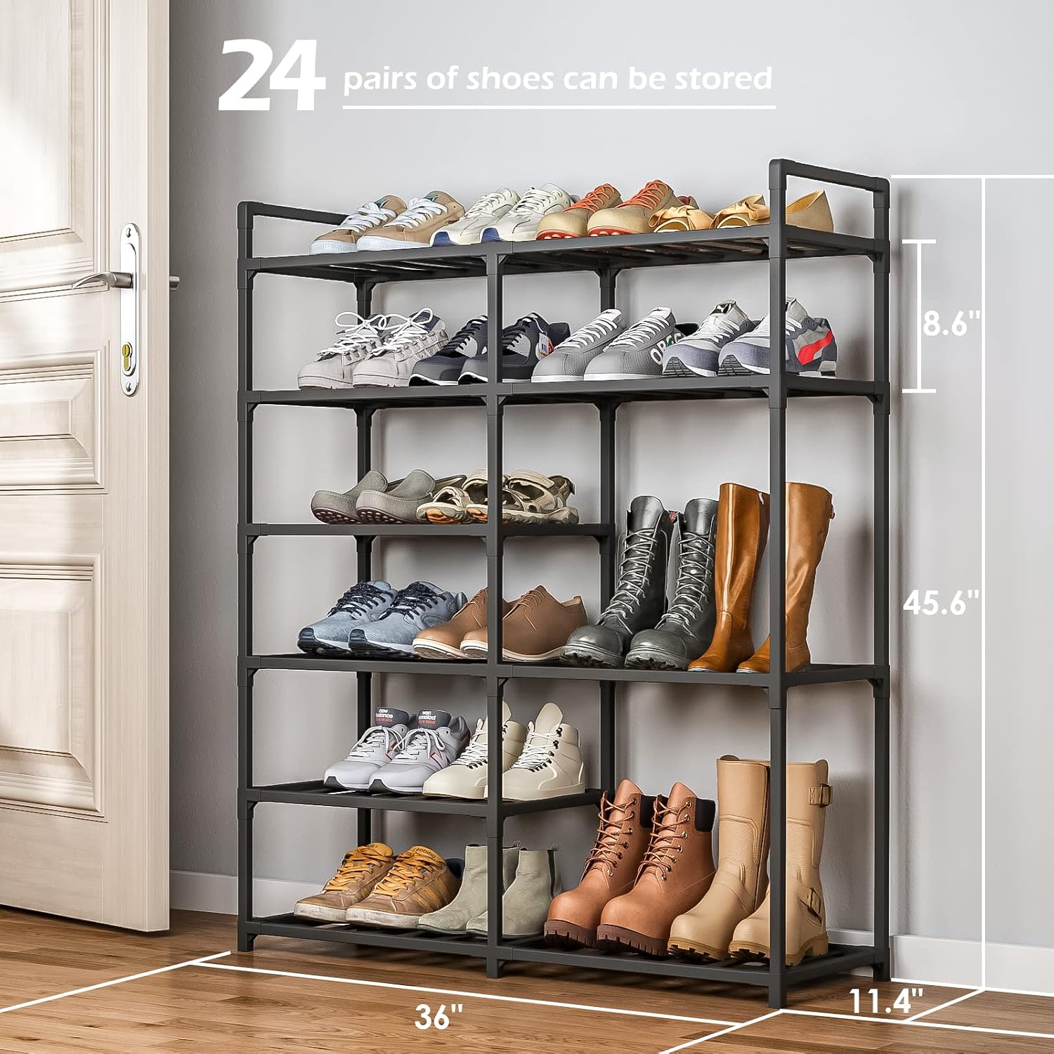 Bambooster 6-Tier Shoe Rack Bamboo Stackable Storage Organizer Shoe Stand Shelf for Closet, Entryway and Hallway (Black)
