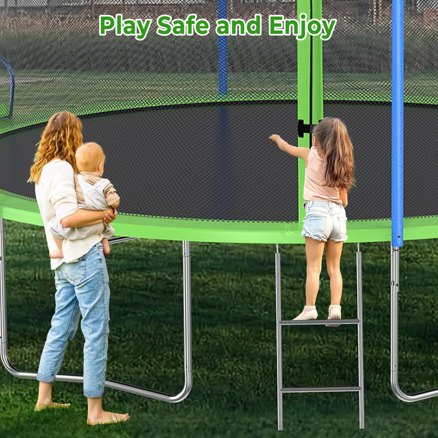 A mother and child near the trampoline ladder, demonstrating safe entry and exit practices.