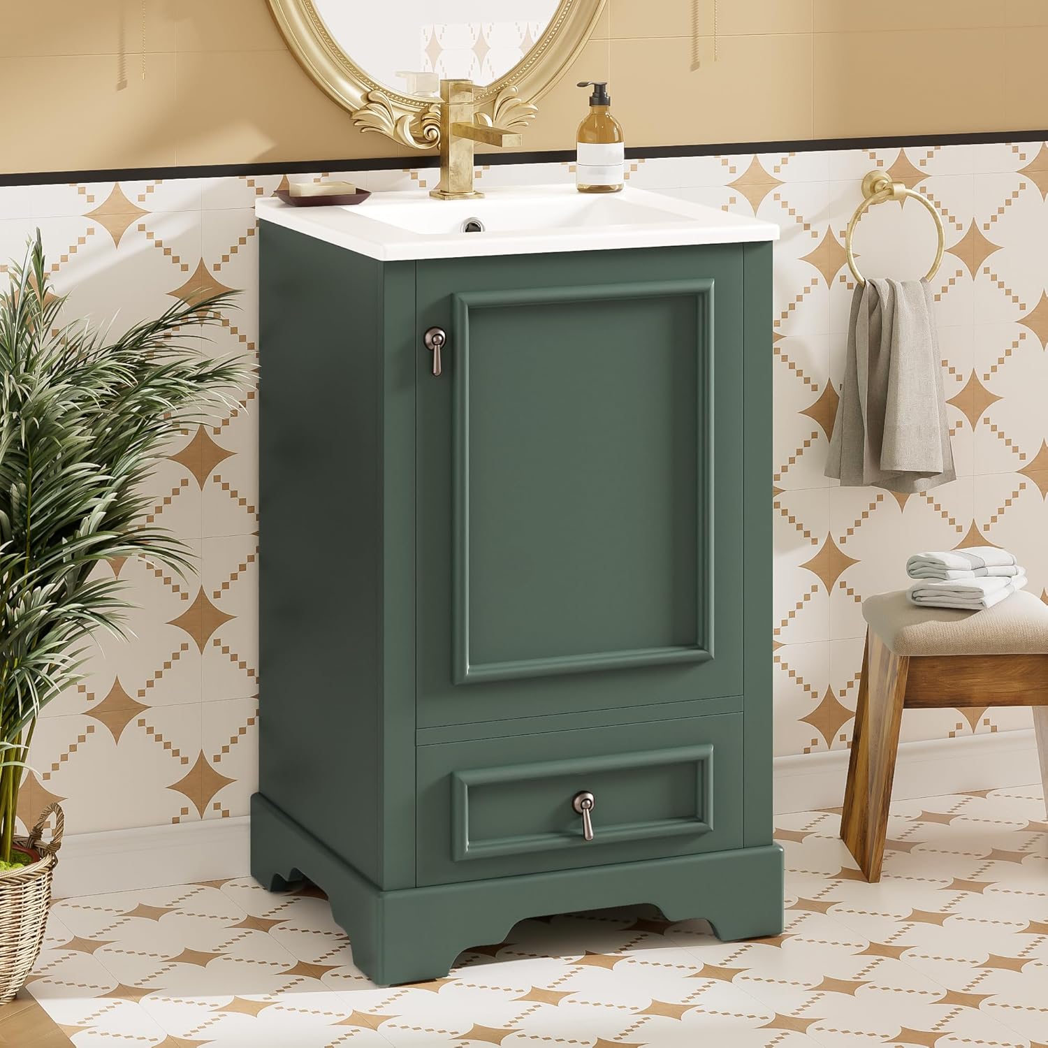 Merax 20 inch Bathroom Vanity with Ceramic Sink, Modern Bathroom Sink Storage Cabinet with Soft Close Door, Adjustable U-Shaped Shelf and Drawer, Small Single Sink Bathroom Vanities, Green
