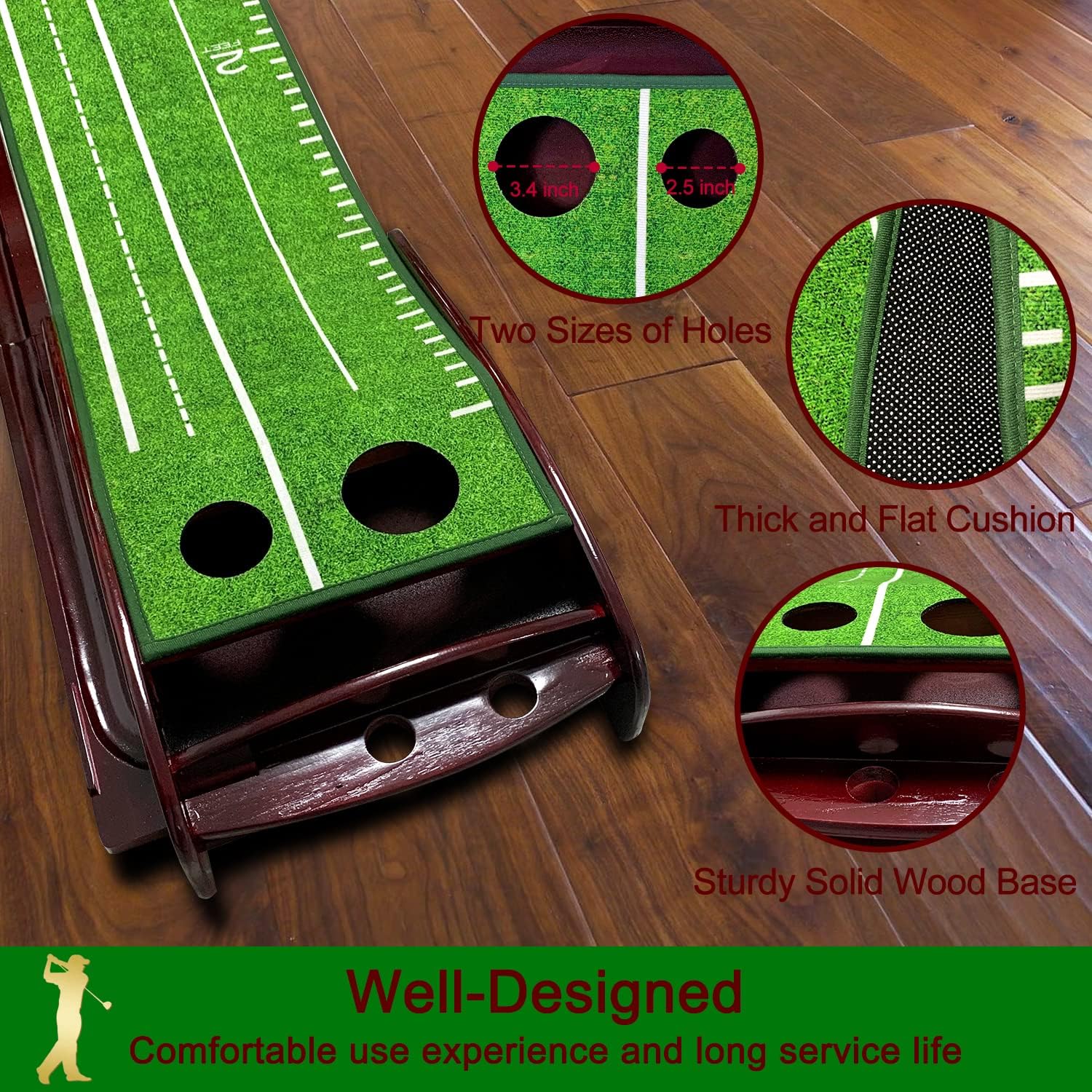 ZLX&LU Putting Green Mat with Ball Return, Perfect Mini Golf Putting Set, 2 Holes of Different Sizes, Sturdy Wooden Base, Suitable for Indoor, Office, Basement or Garage Golf Games or Putting Practice : Sports & Outdoors