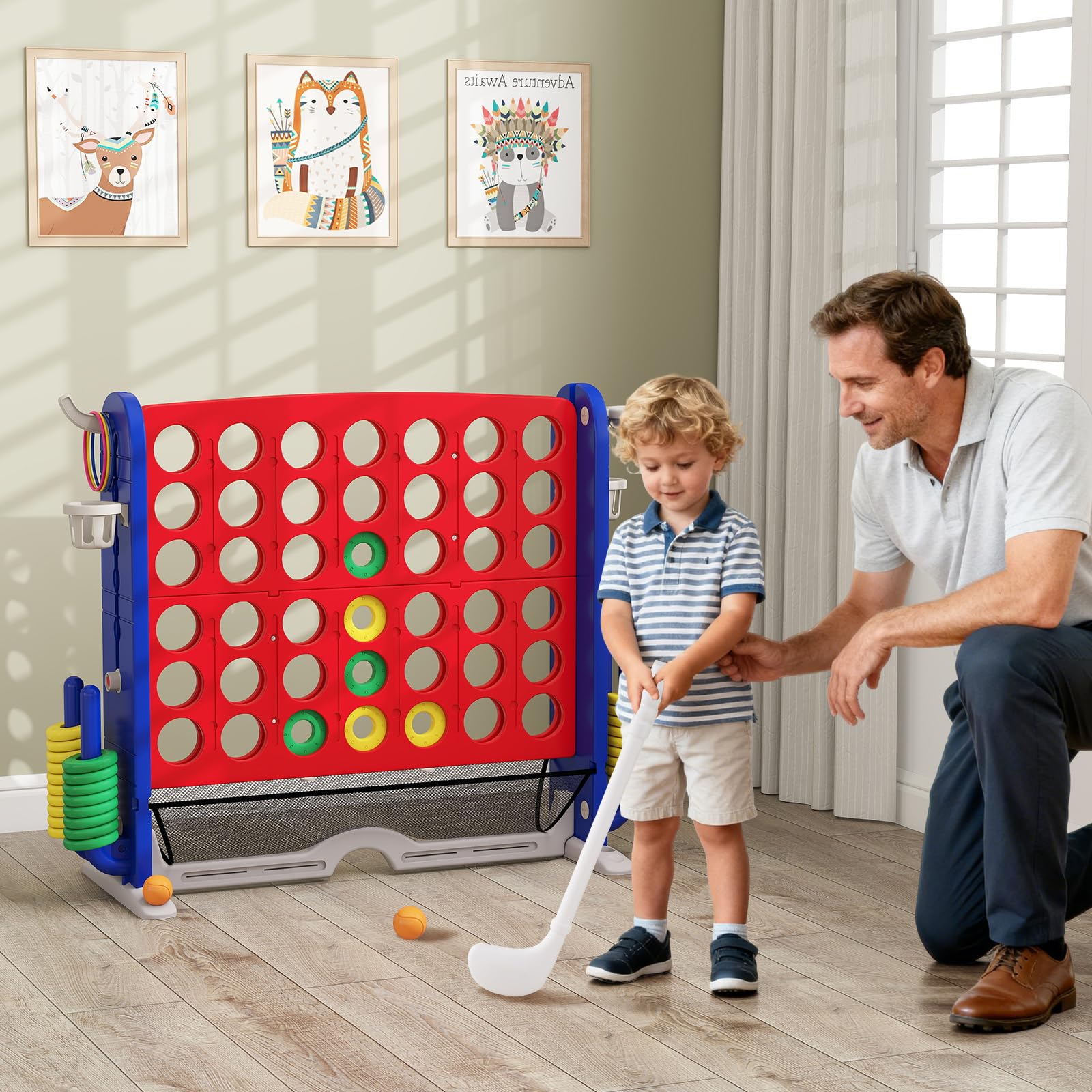 FANTASK Set di giochi giganti 4 in 1, quattro vincite XXL con anelli, cestino da basket e gioco da golf, gioco da giardino con porta bevande, scomparto a rete e borsa per il trasporto, per bambini e